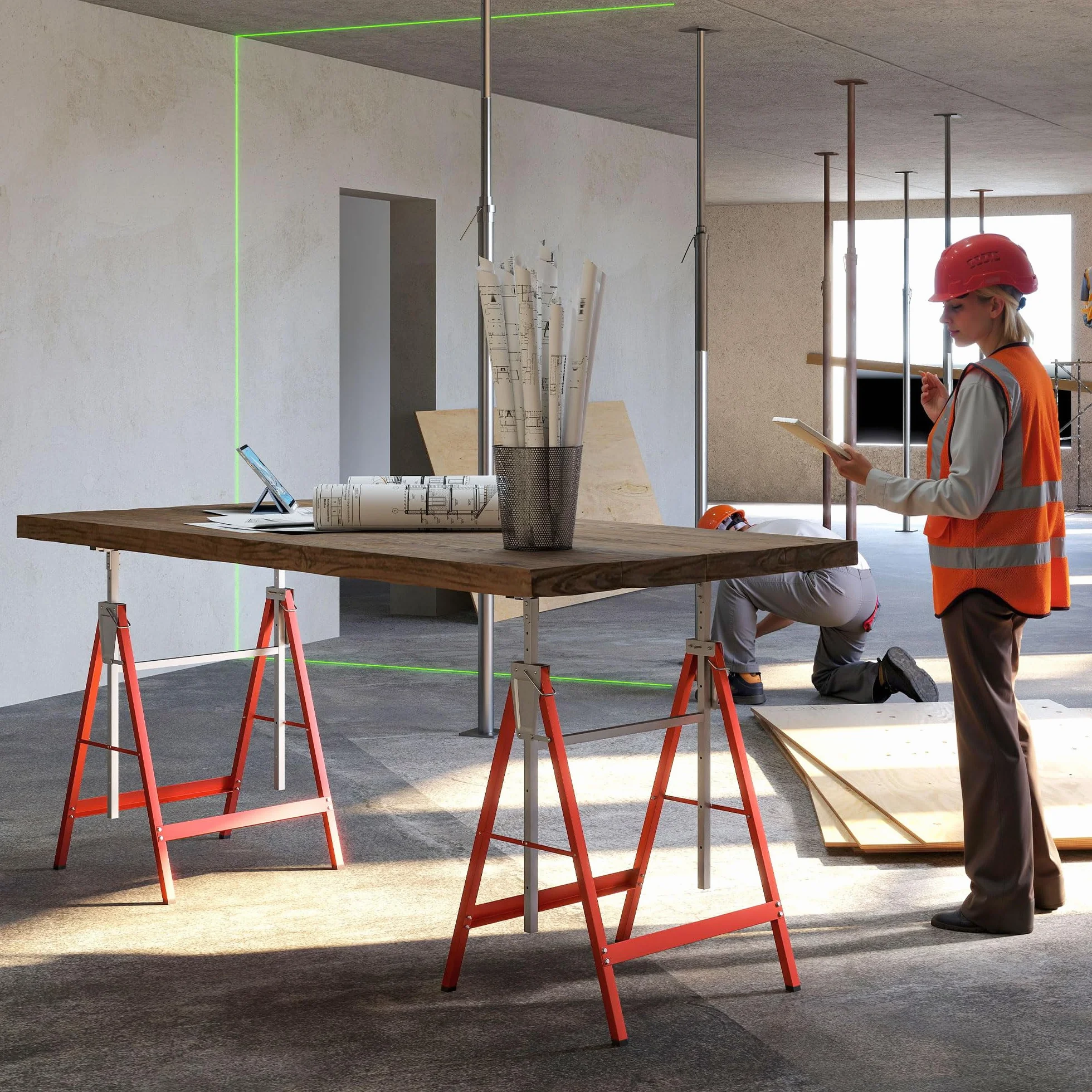 HOMCOM Set de 2 Caballetes Telescópicos Plegables con Altura Ajustable Caballetes de Sierra de Acero para Mesa y Trabajo de Bricolaje Carga 200 kg 68x58x80-130 cm Rojo