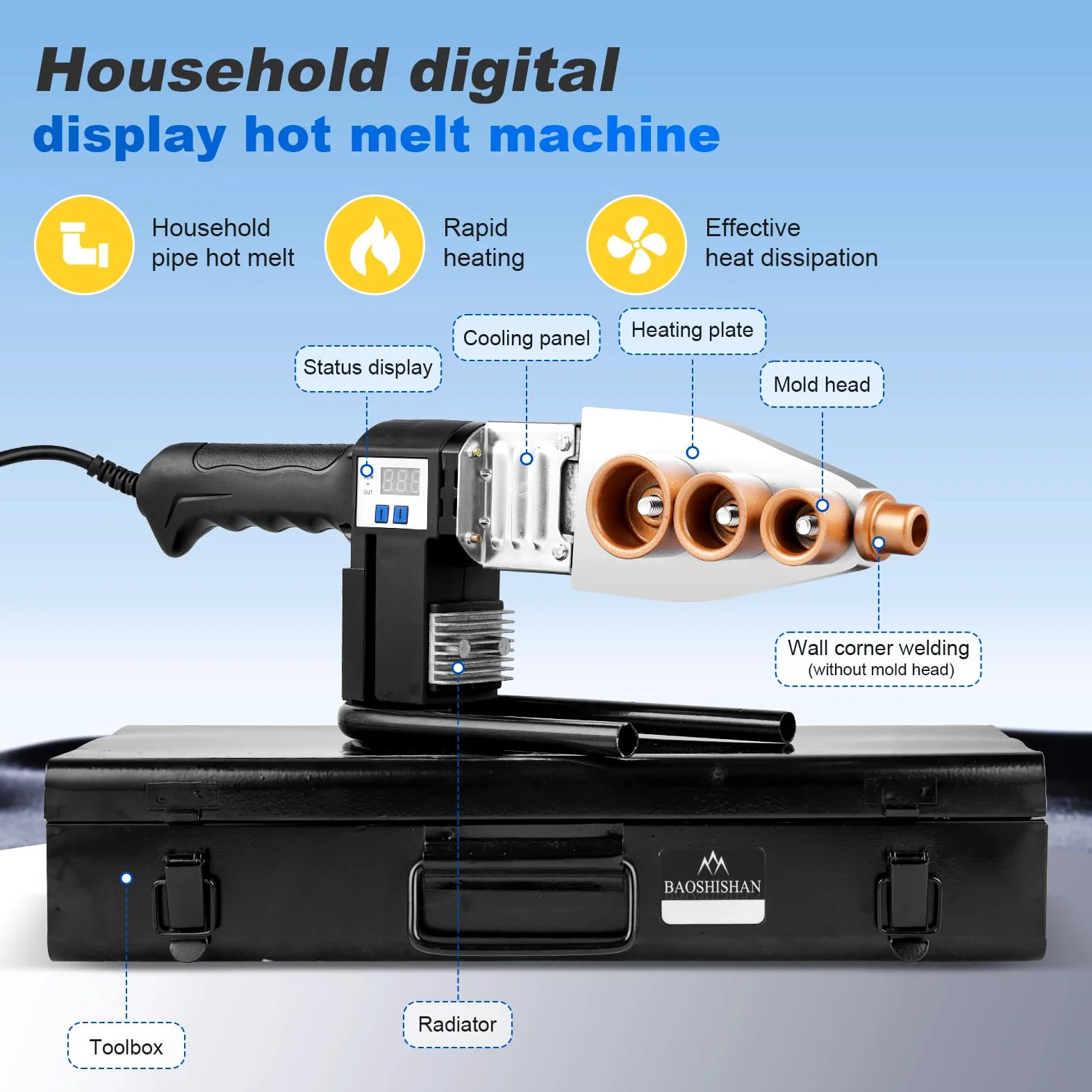 BAOSHISHAN Soldador de Tubería de Plástico Máquina de Soldadura de Tubo con Pantalla Digital 20-63 mm para PPR/PE/PP 1000W 220V
