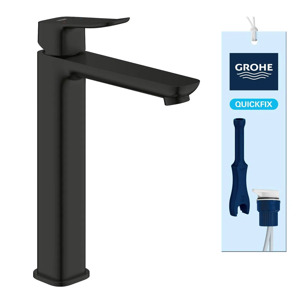 GROHE Dice Grifo de Lavabo XL Cuerpo Liso para Lavabos Exentos (Cartucho Cerámico 28 mm, Ahorro de Agua, Conexiones 3/8", Fácil de Instalar QuickTool Incluido), Negro Mate, 1018922430