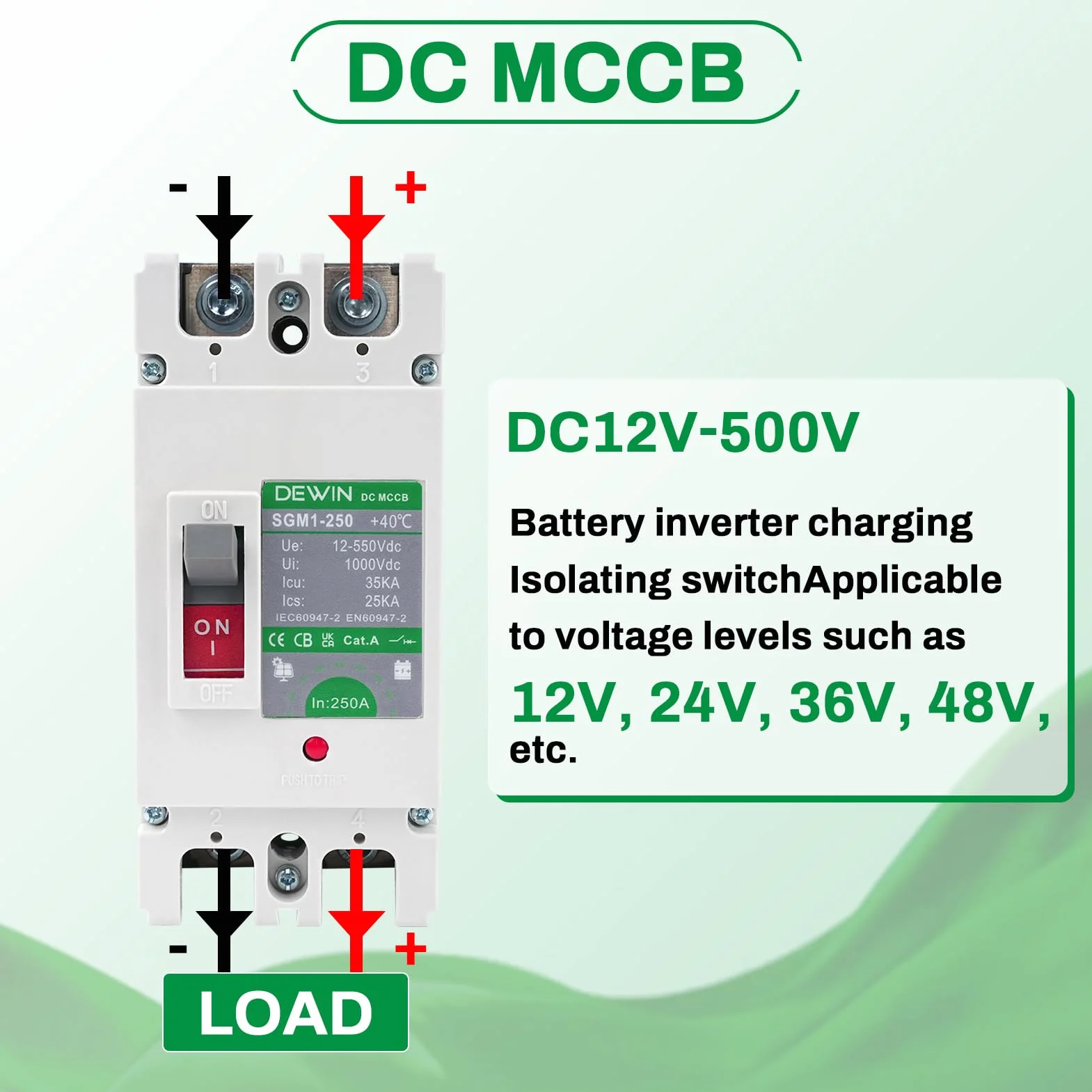 DEWIN Disyuntor de CC de 250 A, MCCB Disyuntor de Batería Solar, Interruptor Principal de Batería Solar 2P DC 500 V Interruptor de Desconexión de Batería para sistemas de líneas eléctricas de CC
