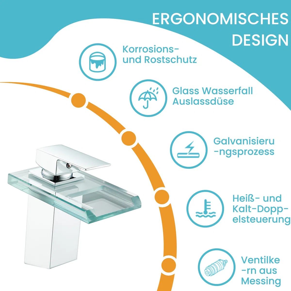 Grifo de baño, Armadura de cascada de vidrio para el baño, Grifo de lavabo monomando, Cromo
