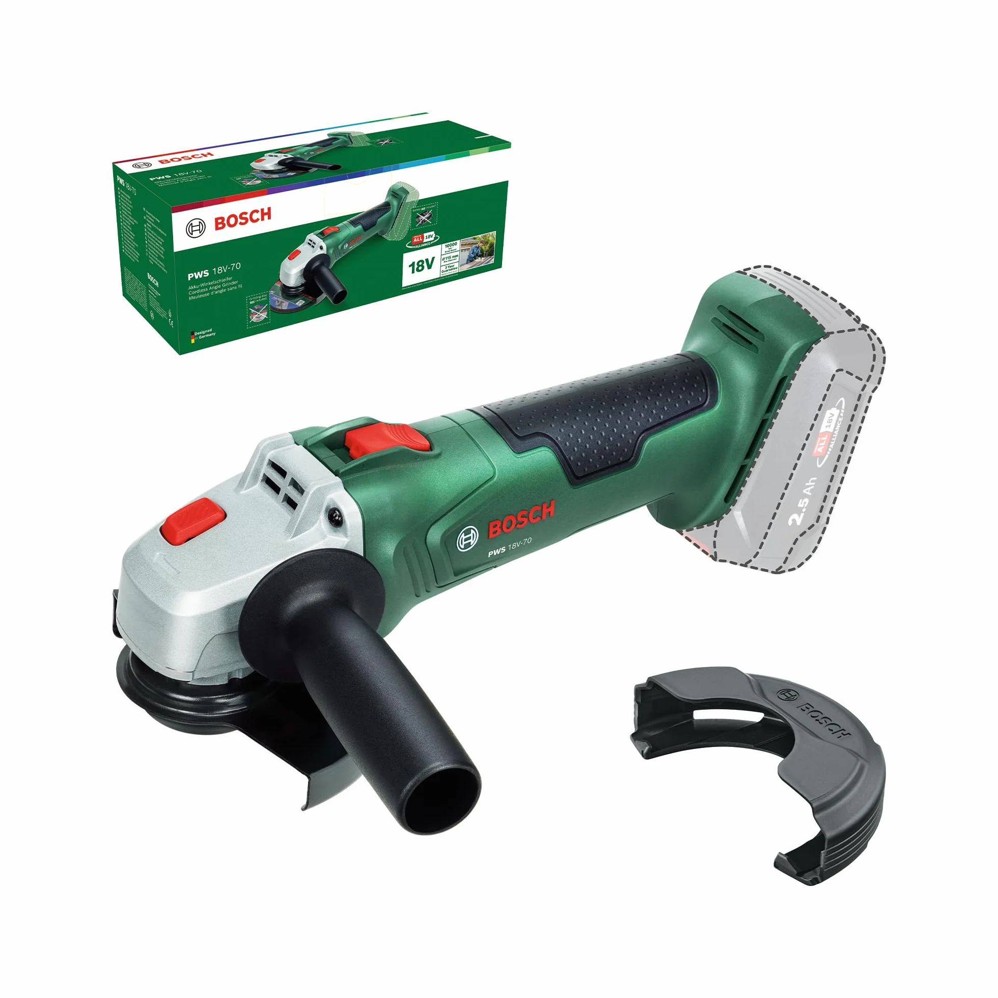 Bosch 18V System amoladora a batería PWS 18V-70 (trabajos de corte y esmerilado pequeños y medianos; diámetro del disco de esmerilado: 115 mm)