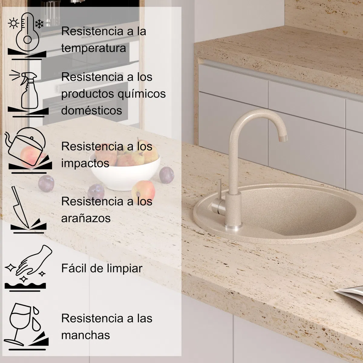 QUADRON fregadero de cocina redondo | tamaño 51 x 51 x 18 cm, diámetro 43, beige y acero | fregadero de granito JOHNNY 210 | fregadero empotrado con orificio para grifo | fregadero de un seno