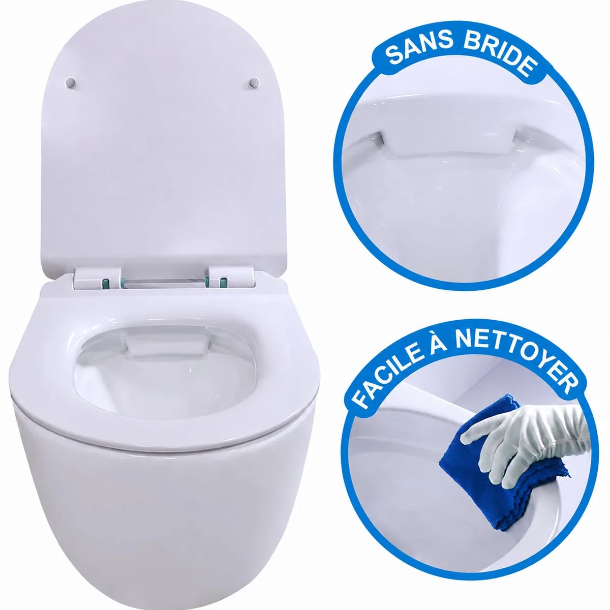 Inodoro suspendido - Cerámica - Sin bridas -Blanco - Soft-close - Tapa extra fina - Diseño elegante y moderno