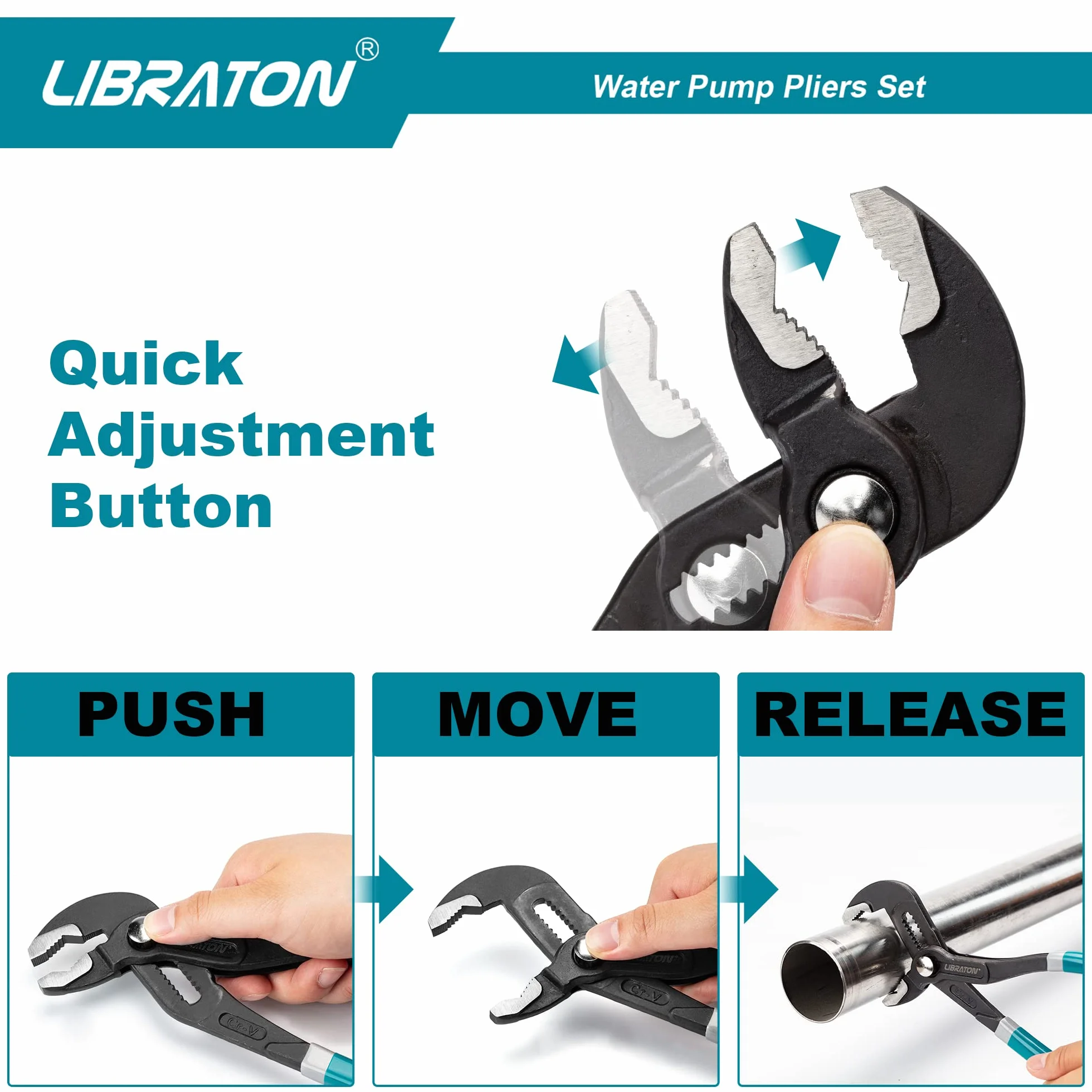 Libraton Alicates Pico Loro, Alicates Para Bombas de Agua, Juego de 3 Tenaza para Bomba de Agua de acero Cr-V, Licates Extensibles con Dispositivo de Liberación Rápido, para Tubos y Tuercas
