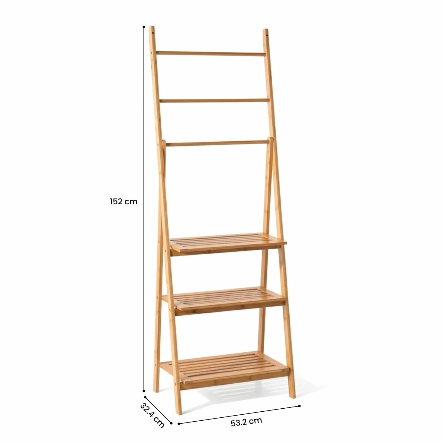 THINIA HOME - Toallero de Pie de Bambú Natural con 3 Estantes y 3 Barras, Mueble Auxiliar para Baño, Dormitorio o Lavandería, Estilo Nórdico, 53.2x32.4x152 cm