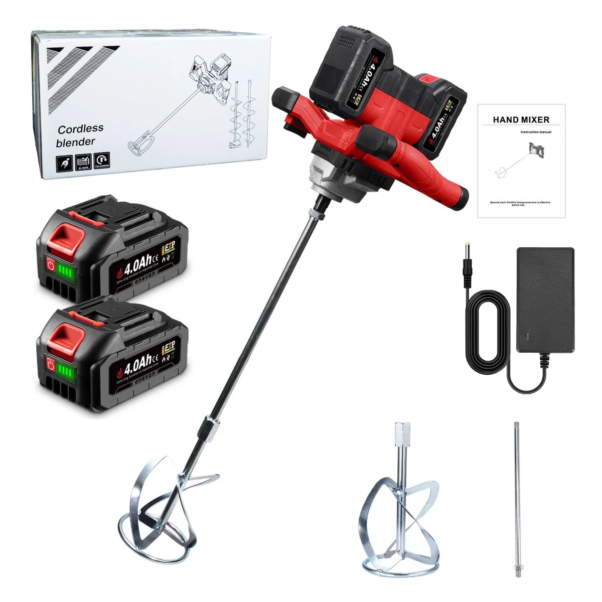 ONEVAN mezcladora de mortero a bateria, 40V batidora mortero hormigoneras electricas con 2 baterías de 4,0Ah, sin escobillas, vibrador de hormigon inalámbrico para pintura, yeso, cemento, mortero