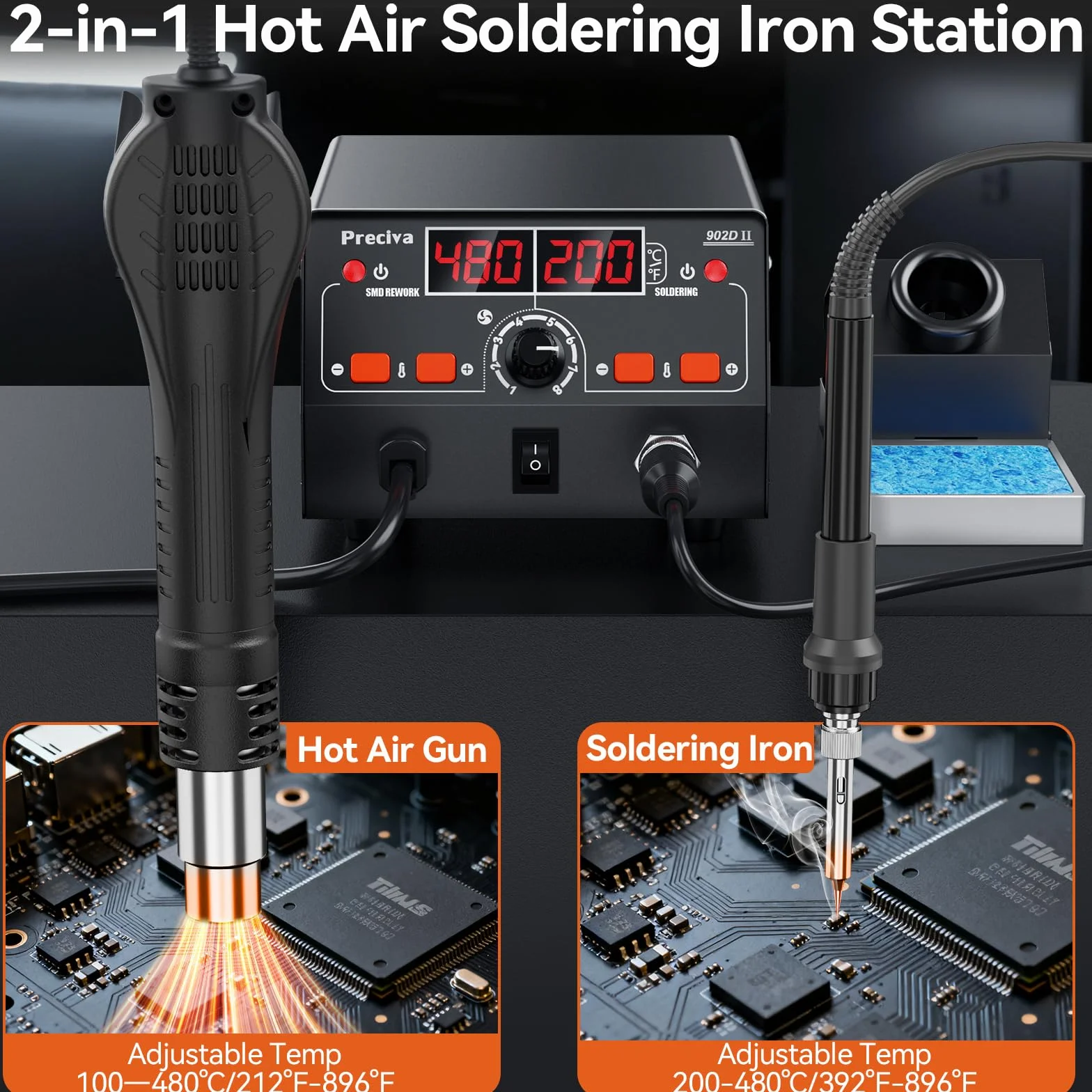 Preciva 902DII EstacióN de Soldadura 2 En 1 750w, 2 En 1 Soldering Station Soldador De EstañO Profesional Con Pantalla Led, 4 Boquillas, 5 Puntas, 30 G De Soldadura Sin Plomo