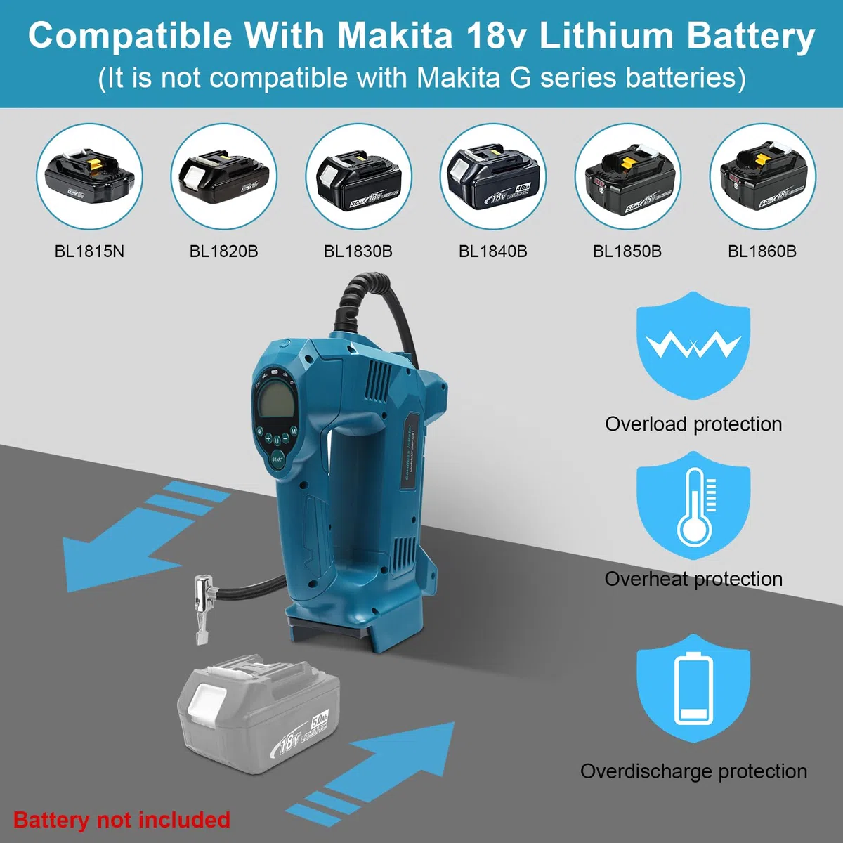 QUPERR Compresor de aire portátil compatible con baterías Makita 18V, Inflador inalámbrico hasta 10,3 bar con luz LED y parada automática para coche, moto, bicicleta, pelotas (sin batería)