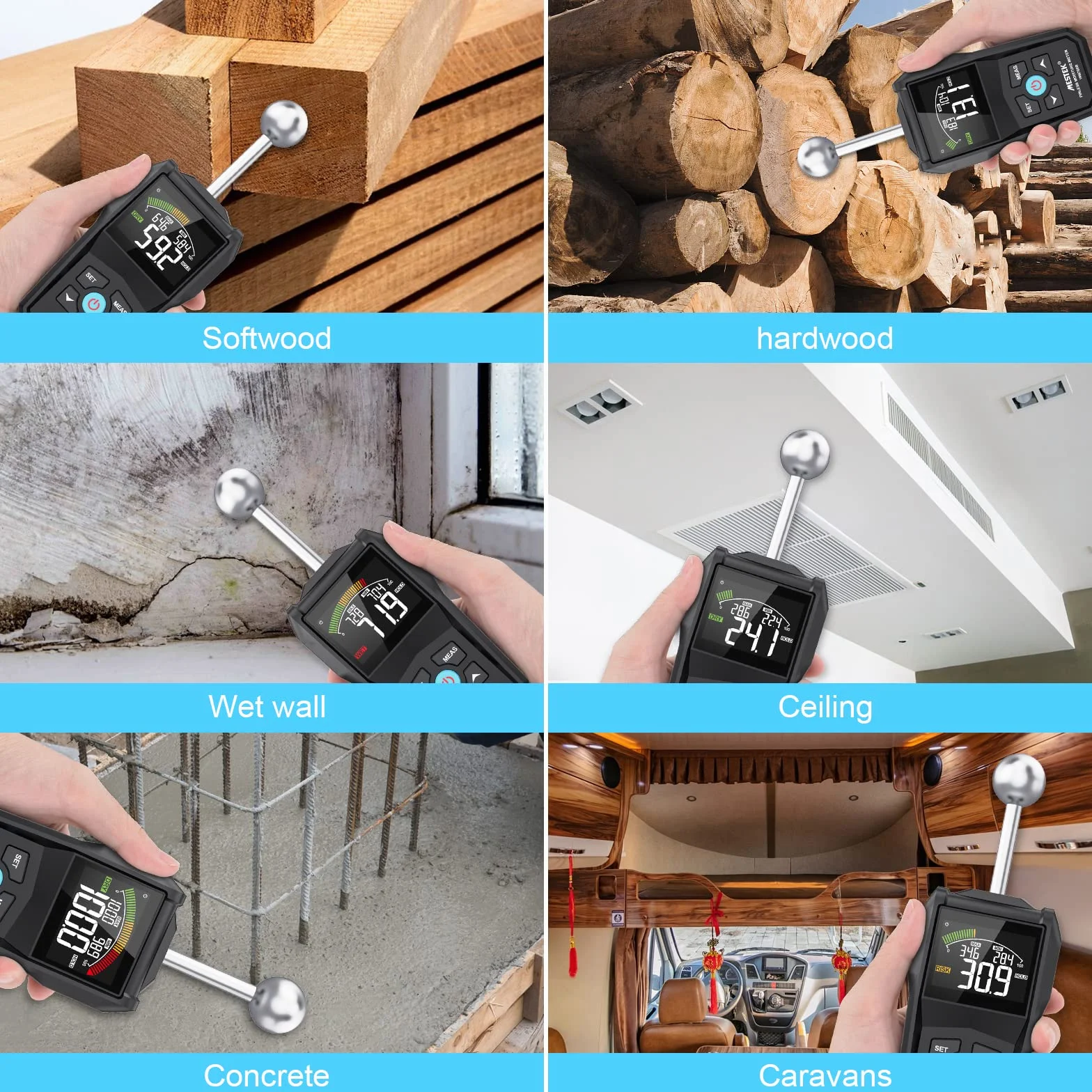 Medidor de Humedad MESTEK Humidímetros 20-40mm Digital sin Pin Detector de Humedad Portátil Humedad Medición Pantalla LCD Alarma para Madera, Paredes, Hormigón, Ladrillo y Materiales de Construcción