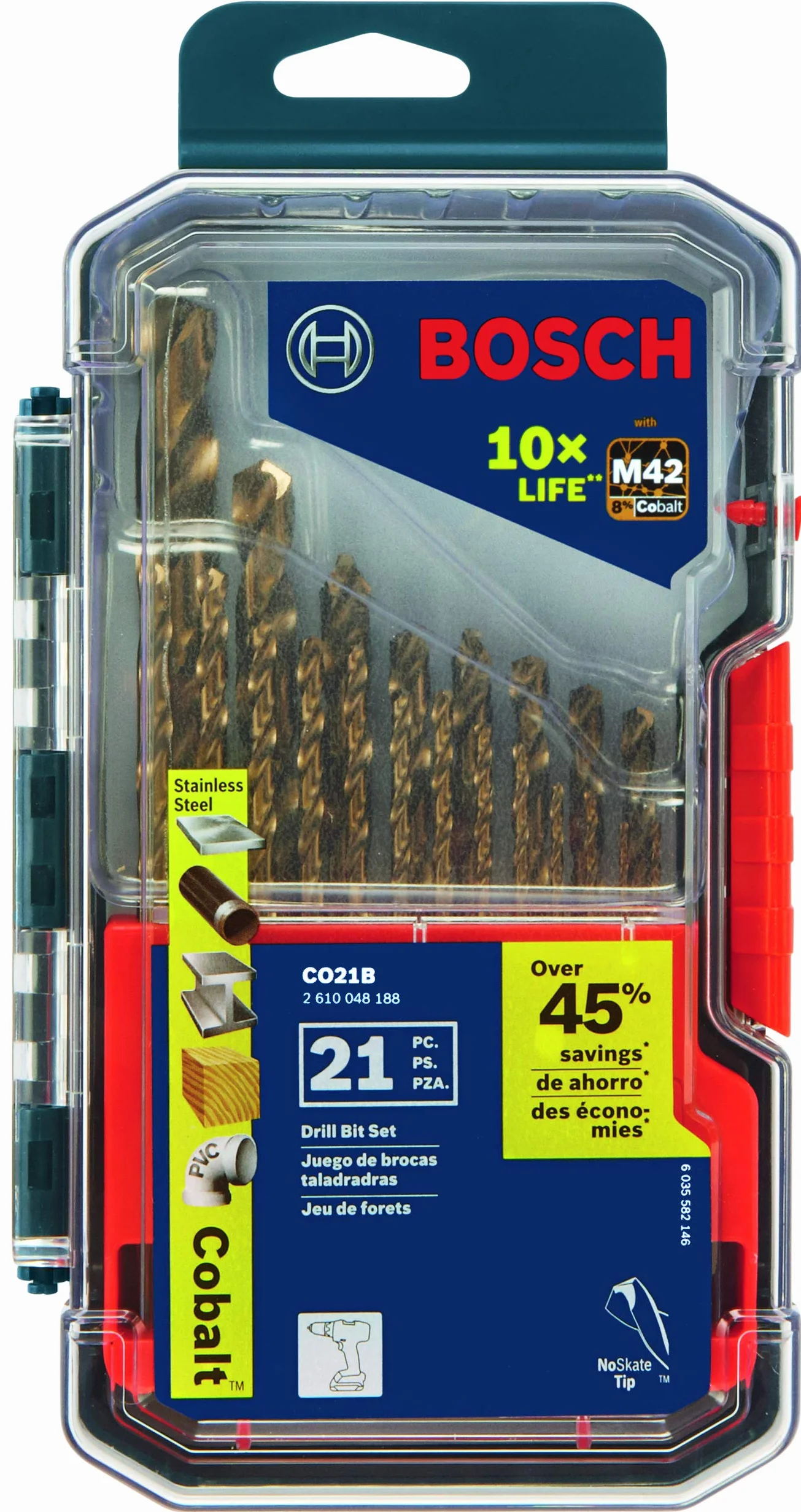BOSCH, CO21B, Juego surtido de 21 piezas con estuche incluido, broca de metal Cobalt M42 con vástago de tres planos para aplicaciones de perforación en acero inoxidable, hierro fundido, titanio, metal