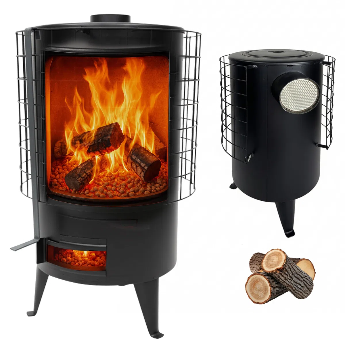 Estufa de Leña Redonda. Estufa Pellets con Potencia 6.7 KW para Calentar Superficie De 50 M². Chimeneas de Leña y Carbon. Color Negro.