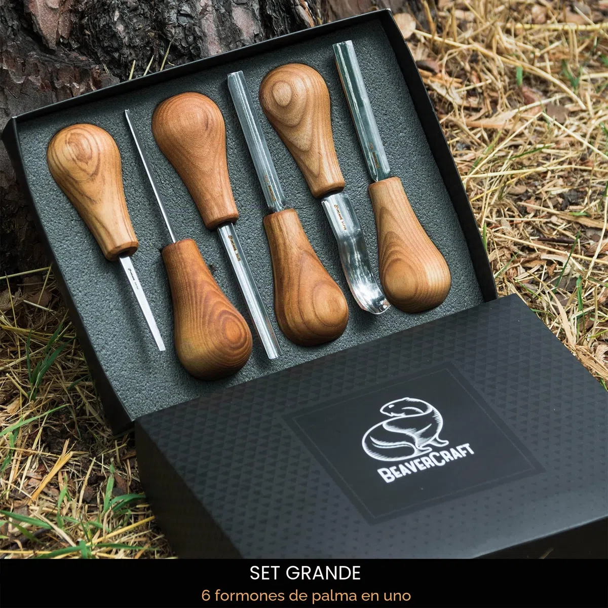 BeaverCraft SC05 Juego de gubias para tallar madera – Set de formones y gubias con mango de palma, cincel recto plano, curvo corto y en V – Herramientas de tallado para principiantes y profesionales