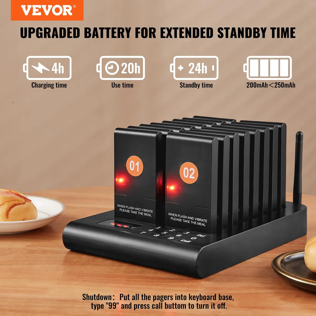 VEVOR Sistema de Buscapersonas Inalámbrico para Restaurantes Largo Alcance de 500 m Buscapersonas para Hacer Colas con Vibración y Parpadeo 16 Zumbadores para Restaurantes, Cafeterías, Tiendas