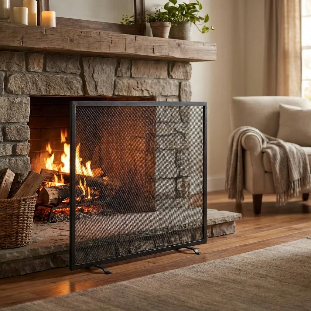 Suinga Salvachispas de Chimenea 1 Panel 60x50 cm, Rejilla Metálica Protectora contra Chispas, Pantalla de Seguridad para Chimeneas, Negro