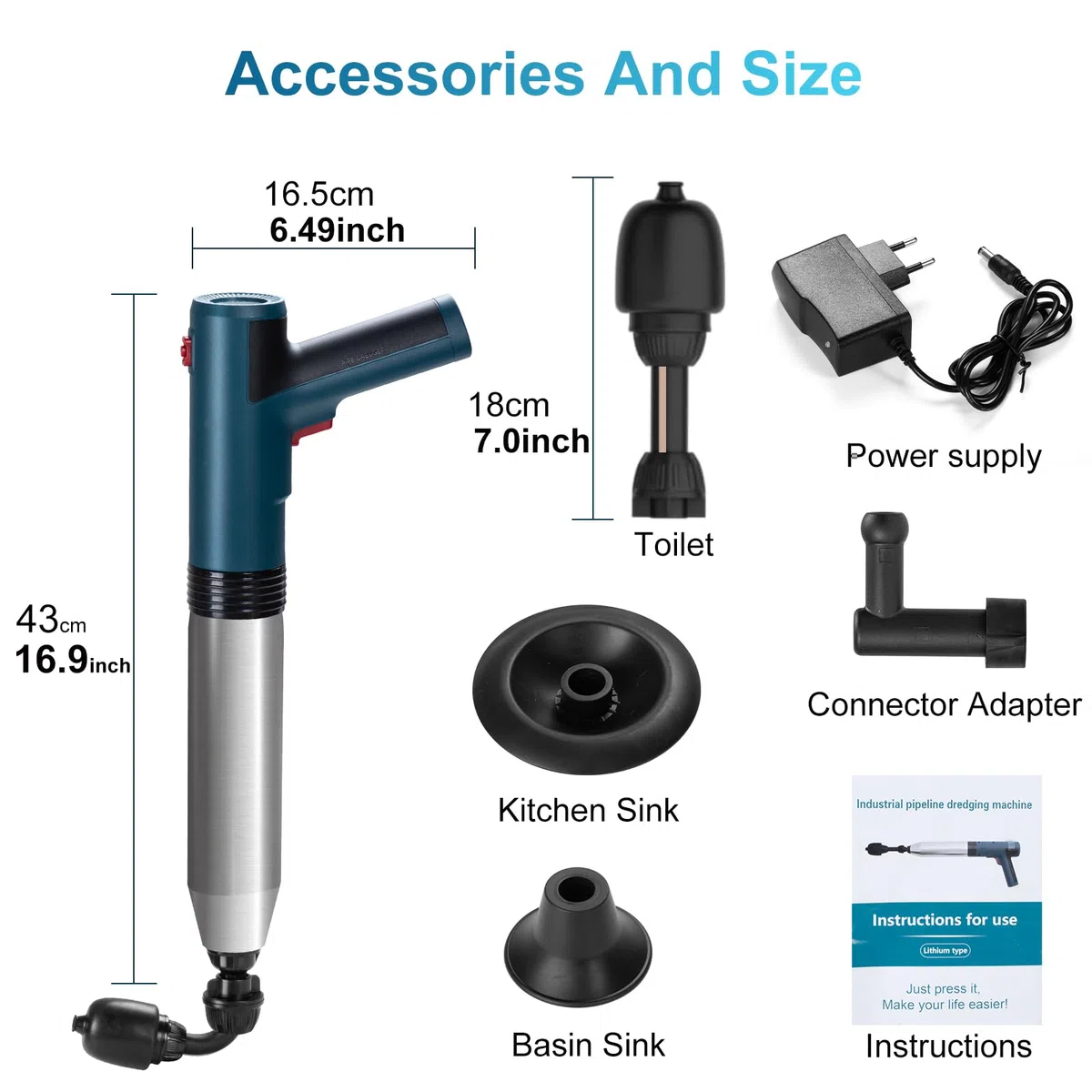 Desatascador eléctrico Tuberías WC, Desatascador eléctrico profesional, Desatascador de Tuberías de Alta Presión con Manómetro, para Inodoro, Lavabo, Fregadero, Ducha y Bañera