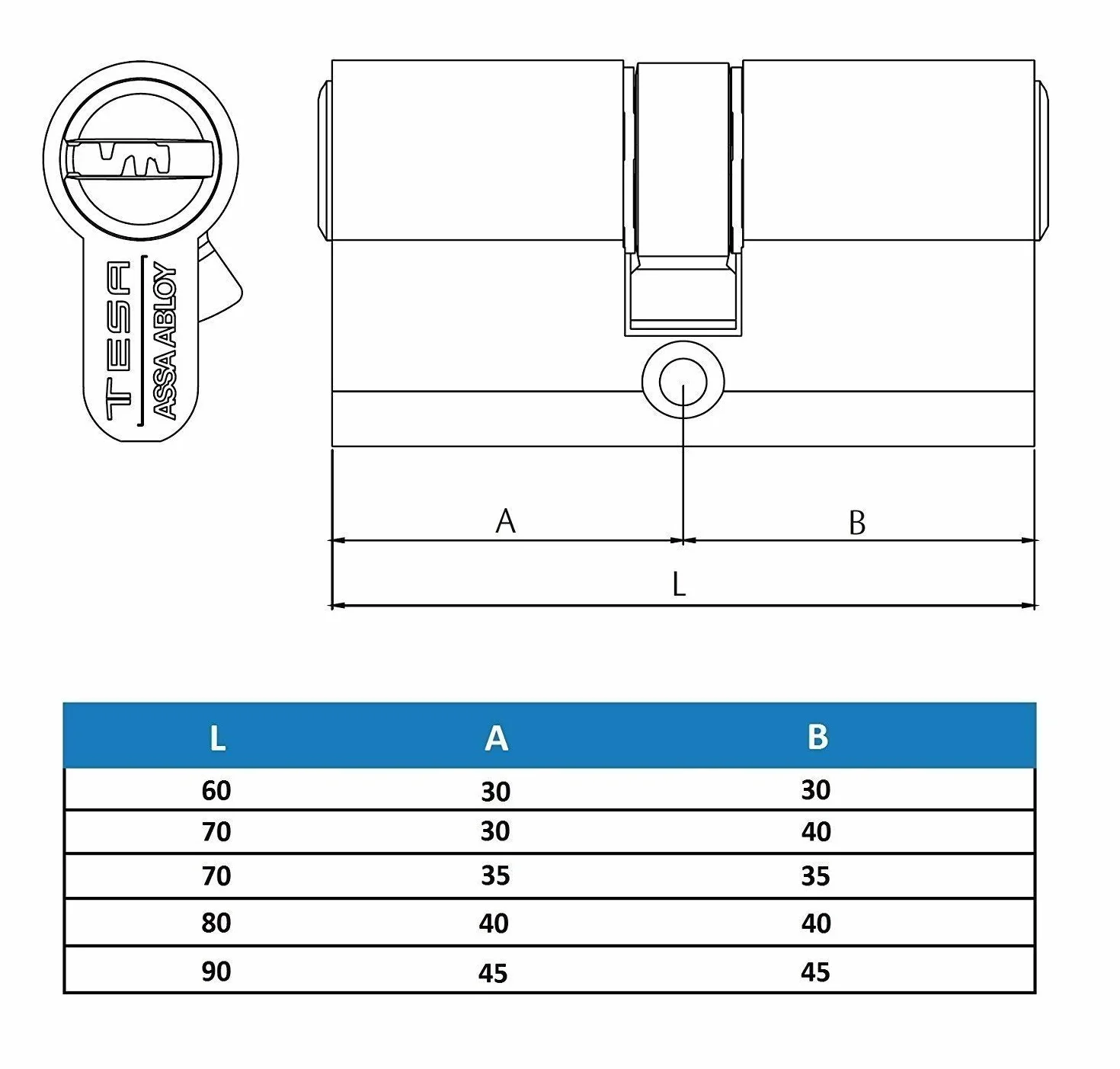 Tesa Assa Abloy, MK153050N, Cilindro de Alta Seguridad, TK100, Doble Embrague, Leva Corta, Llave - Llave, Niquelado, 30 x 50 mm