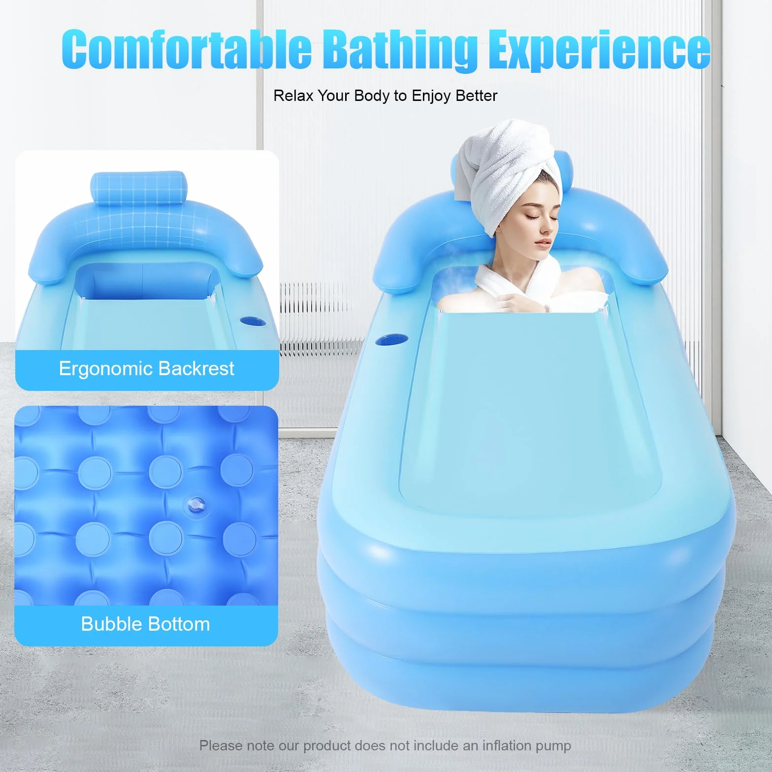 Bañera hinchable autoportante, móvil, plegable, 160 x 84 x 64 cm, para adultos y niños, con reposacabezas