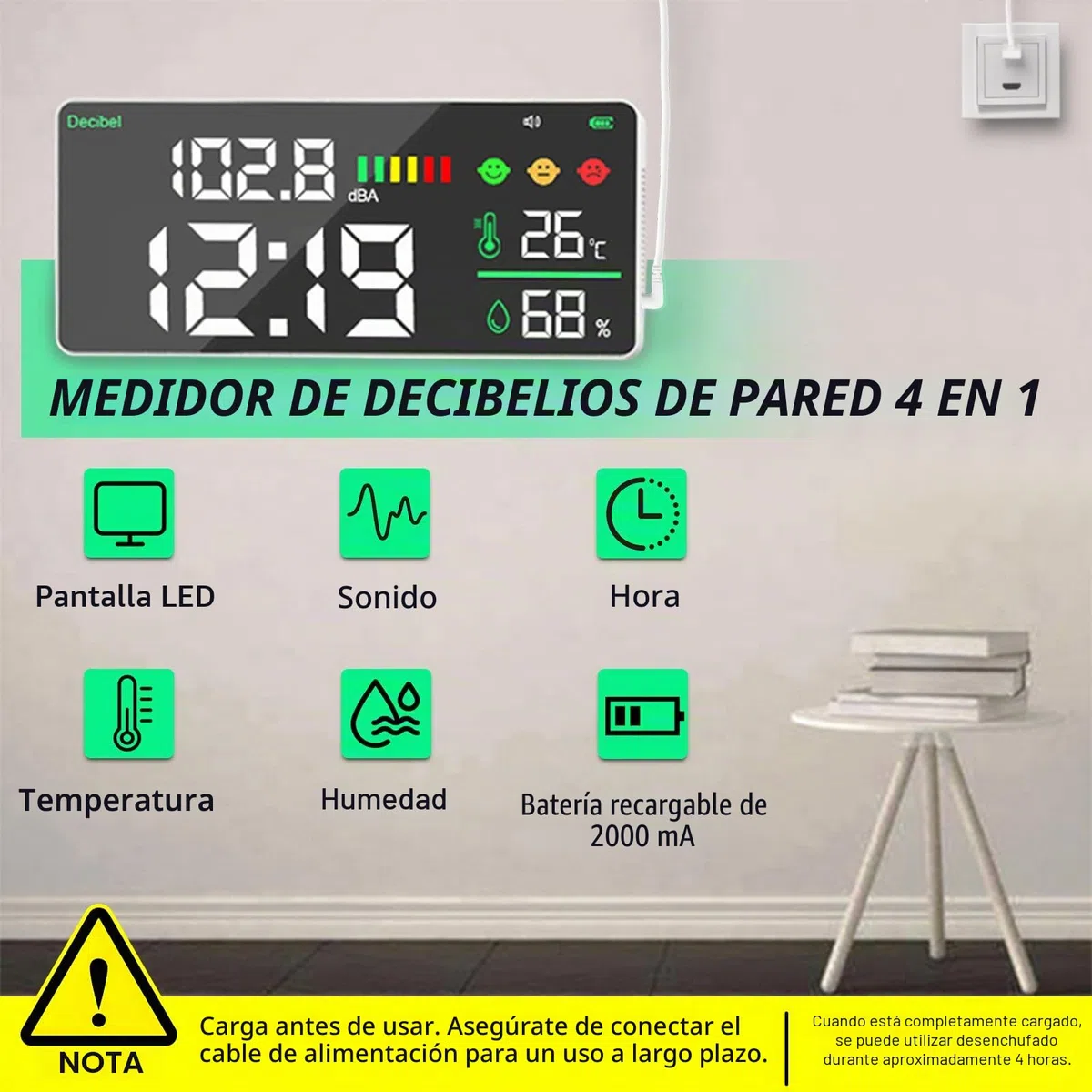 Medidor de Nivel de Sonido de Pared de 30 a 130 dB con Alarma, Medidor de Nivel de Sonido 11" LED Decibelios/Temperatura/Humedad/Tiempo, Decibelímetros Medidor de Ruido Recargable y Cable USB