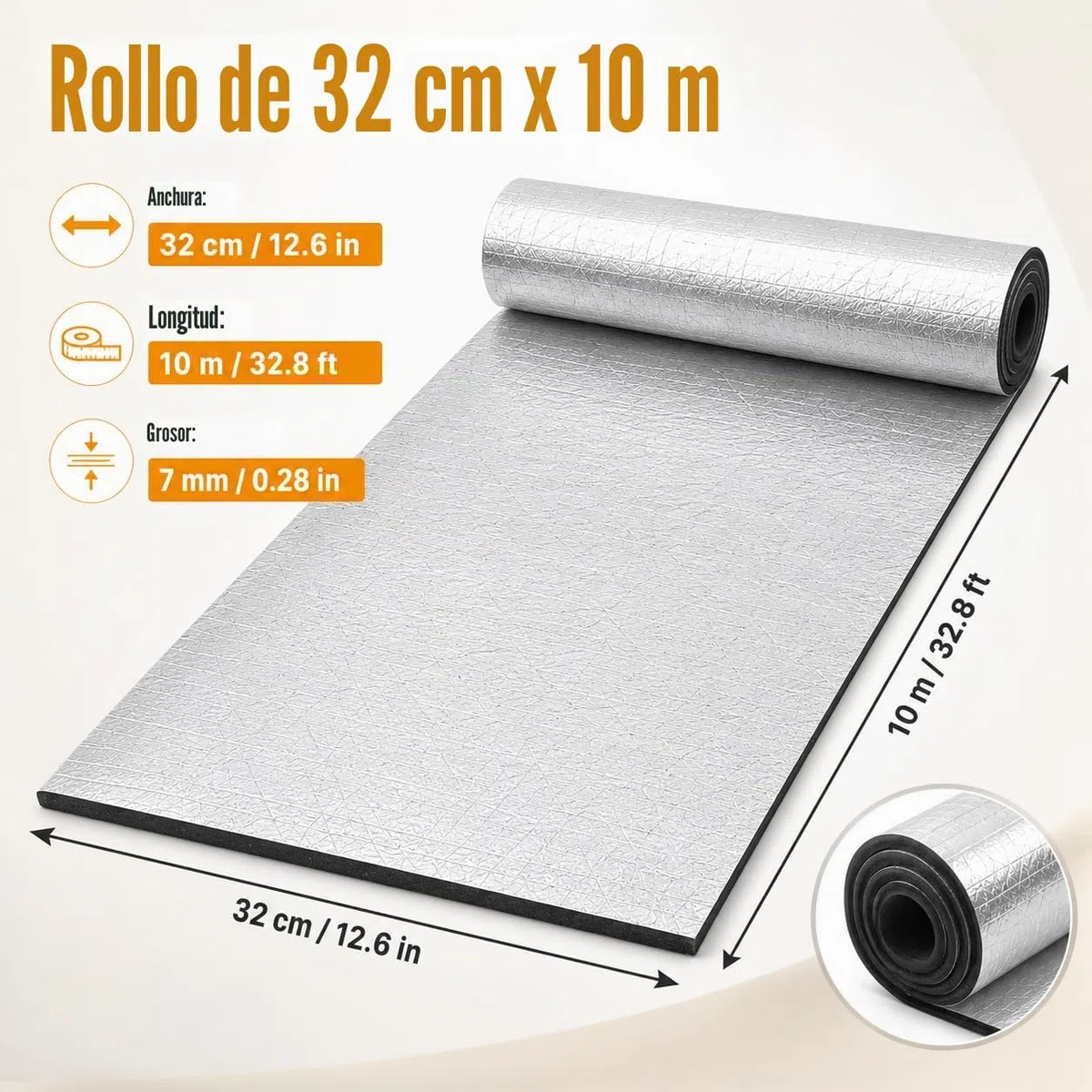 Aislante Térmico Autoadhesivo de 7mm, Panel Reflectante Radiador y Aislante Térmico Persianas, Placas Aislantes de Suelo, Panel Aislante Aluminio y Aislante Acústico Coche, 32cm x 10m
