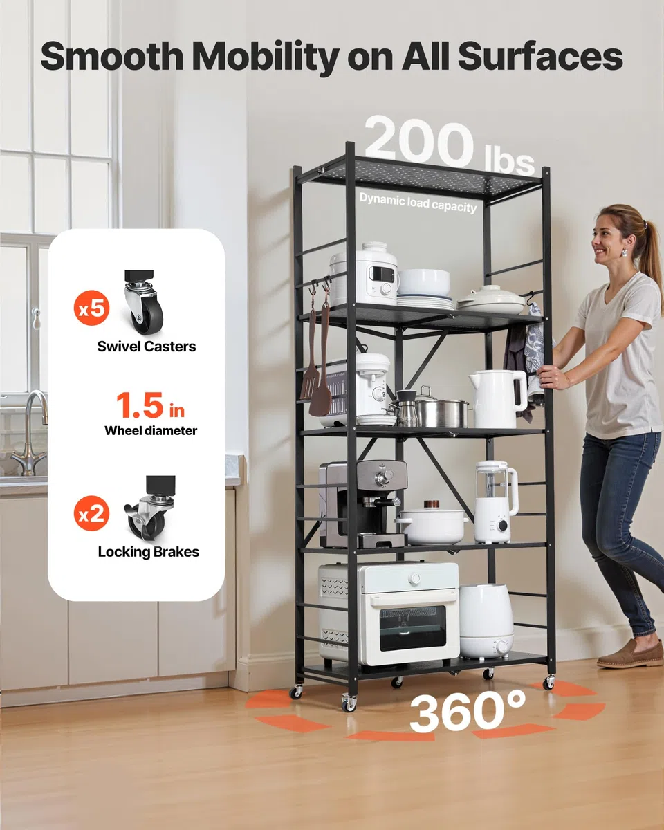 VEVOR Estante de Almacenamiento Plegable de 5 Niveles con Ruedas 81 x 36 x 183 cm Estantería Metálica Móvil Resistente, sin Necesidad de Ensamblaje, Organizador para Garaje, Cocina, Sótano, Negro