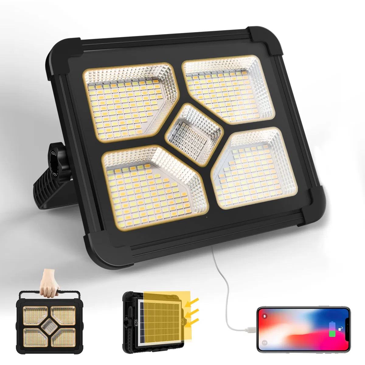 200W Foco LED Recargable, Bateria Interna Solar de 20600mAh, Lámpara Portátil, 20000 Lúmen, Luz de Trabajo, Para Reparación de Automóviles, Senderismo Trabajo, Acampadas, Emergencia