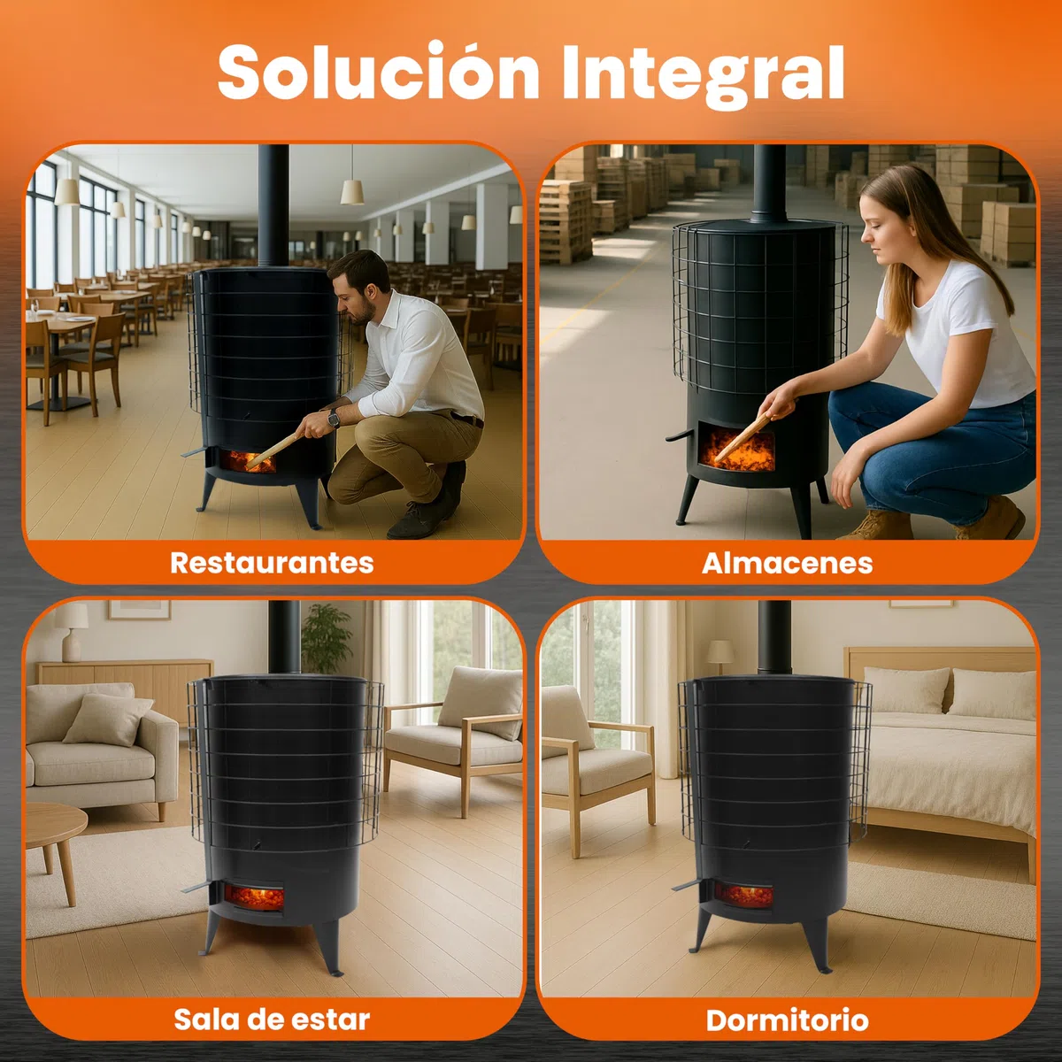 Estufa de Leña Redonda. Estufa Pellets con Potencia 6.7 KW para Calentar Superficie De 50 M². Chimeneas de Leña y Carbon. Color Negro.