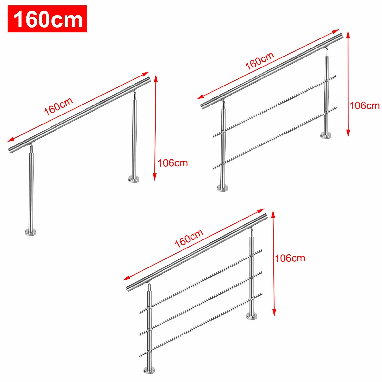 UISEBRT Barandilla para escaleras de acero inoxidable 160 cm, con 2 Travesaños Pasamanos para escaleras balcón