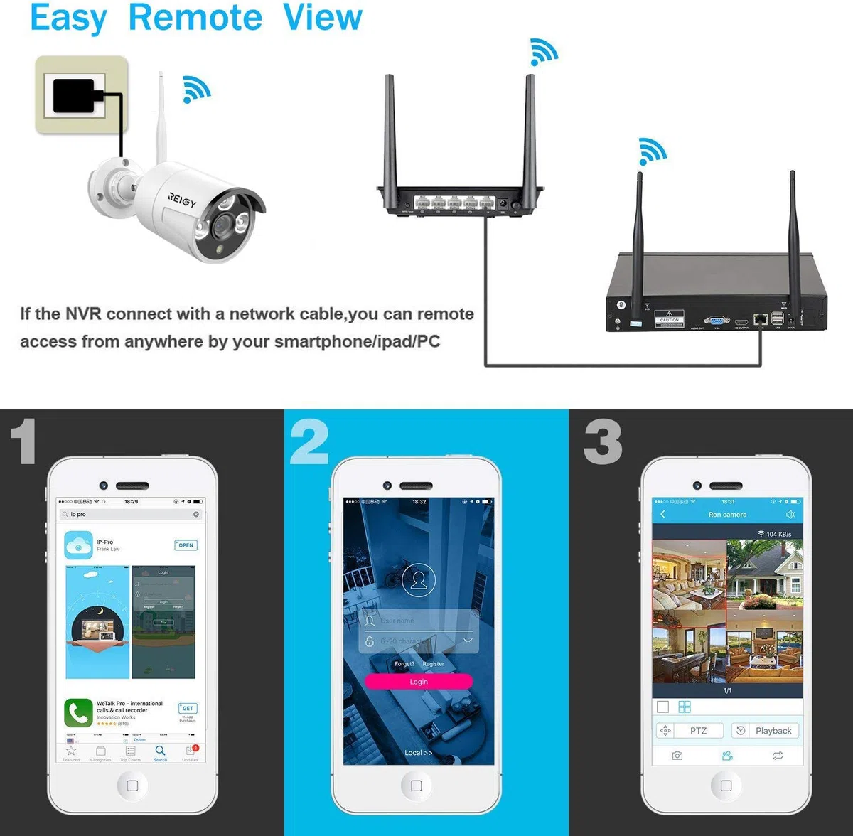 REIGY Kit Cámara de Vigilancia WiFi Exterior 1080P, 4X2MP Cámara IP 8CH NVR Visión Nocturna Detección Movimiento
