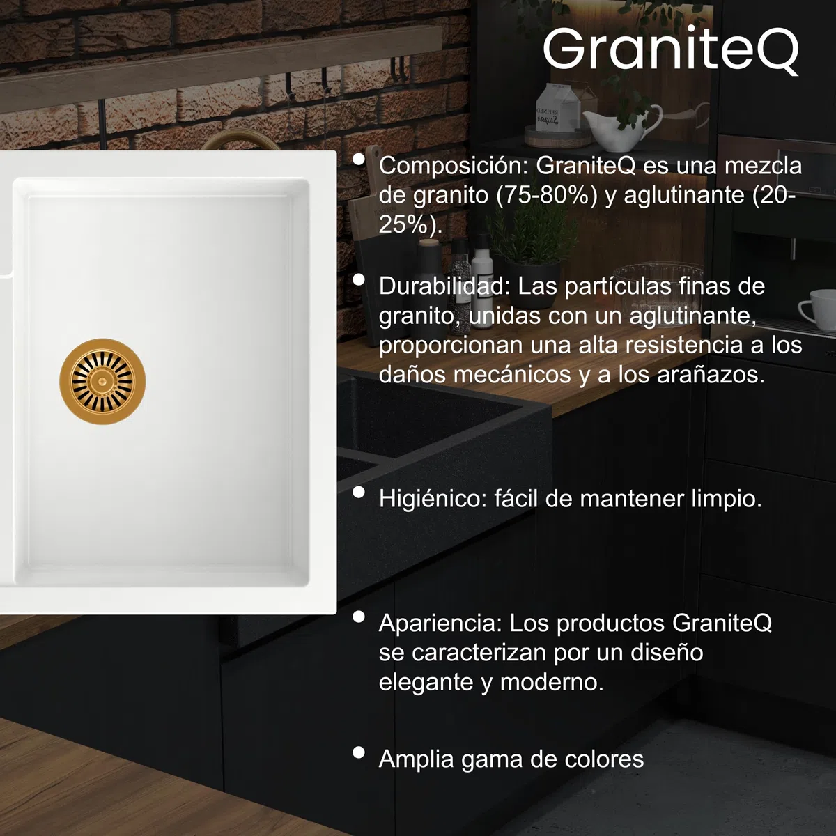 QUADRON fregadero de cocina redondo | tamaño 51 x 51 x 18 cm, diámetro 43, beige y acero | fregadero de granito JOHNNY 210 | fregadero empotrado con orificio para grifo | fregadero de un seno