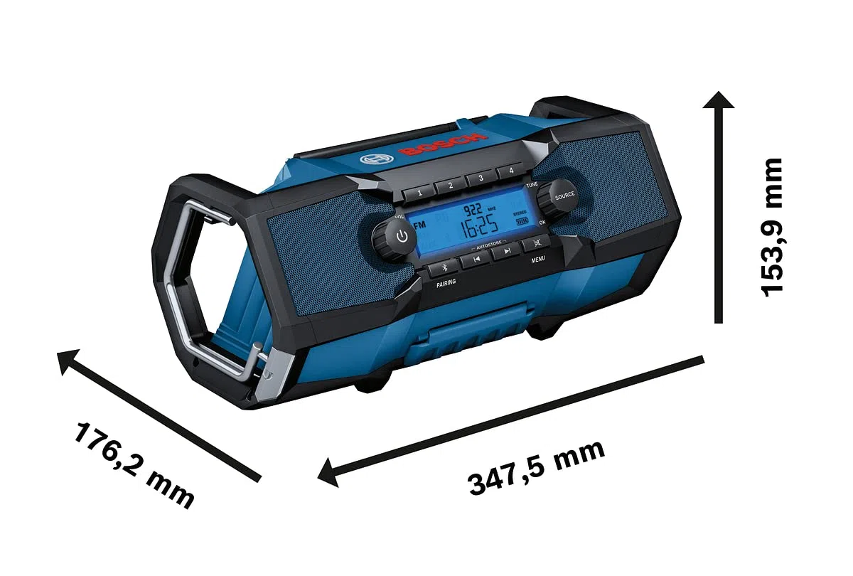 Bosch Professional 18V System radio de obra a batería GPB 18V-2 C (receptor Bluetooth, FM y AUX, incl. 1 fuente de alimentación, 1 cable AUX, 1 pila de botón de litio de 3 V)