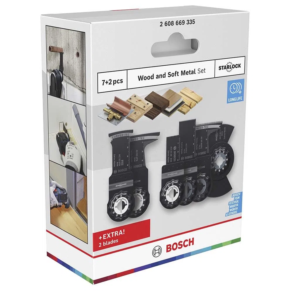Bosch Juego de 9 piezas de madera y metal blando (para metales no ferrosos, tableros recubiertos de plástico, 134 x 104 mm, multiherramienta de accesorios profesionales)
