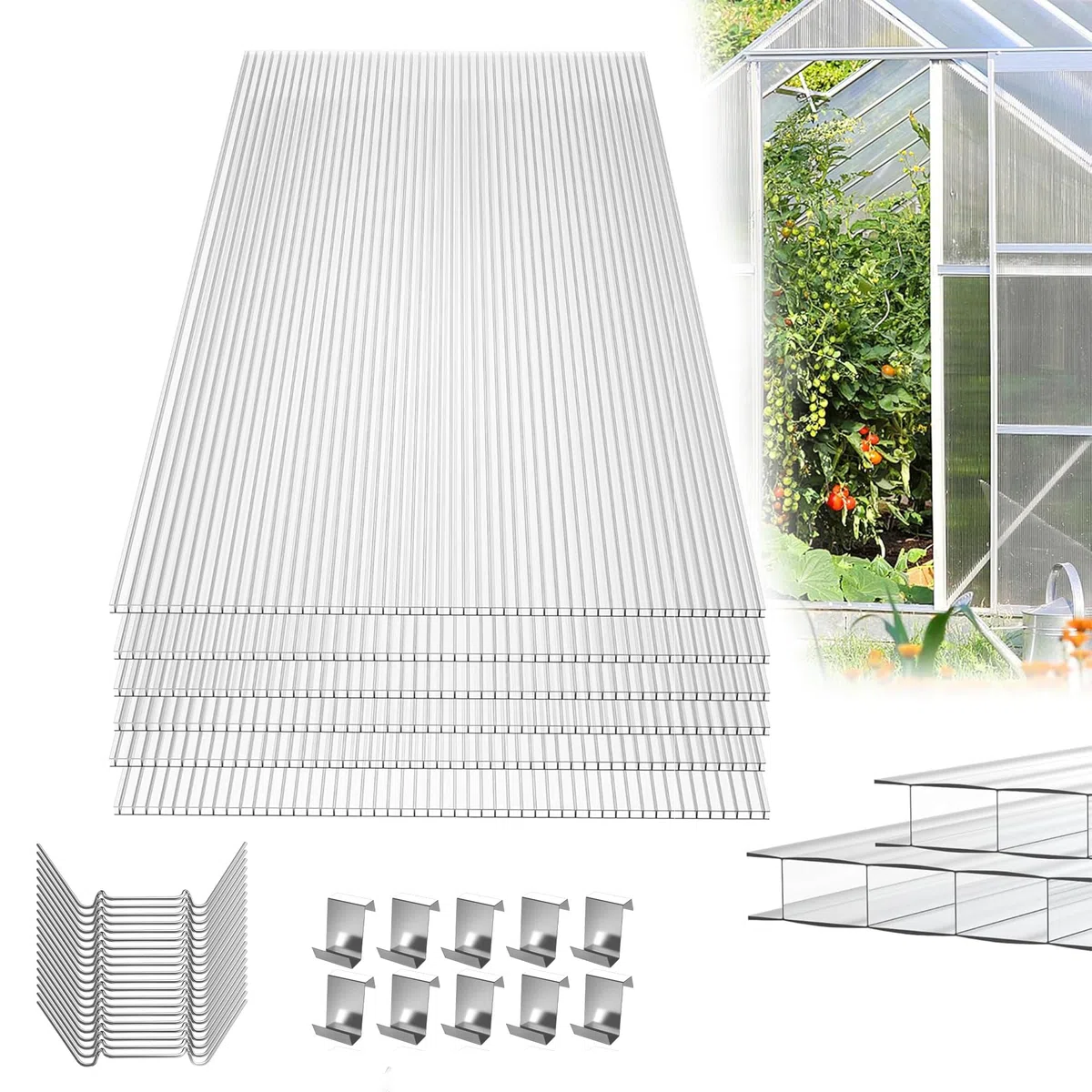 YRHome Placas de policarbonato de 14 piezas, 605 x 1210 x 4 mm, superficie total de 10,25 m², placa de invernadero con 50 soportes y 50 clips en Z