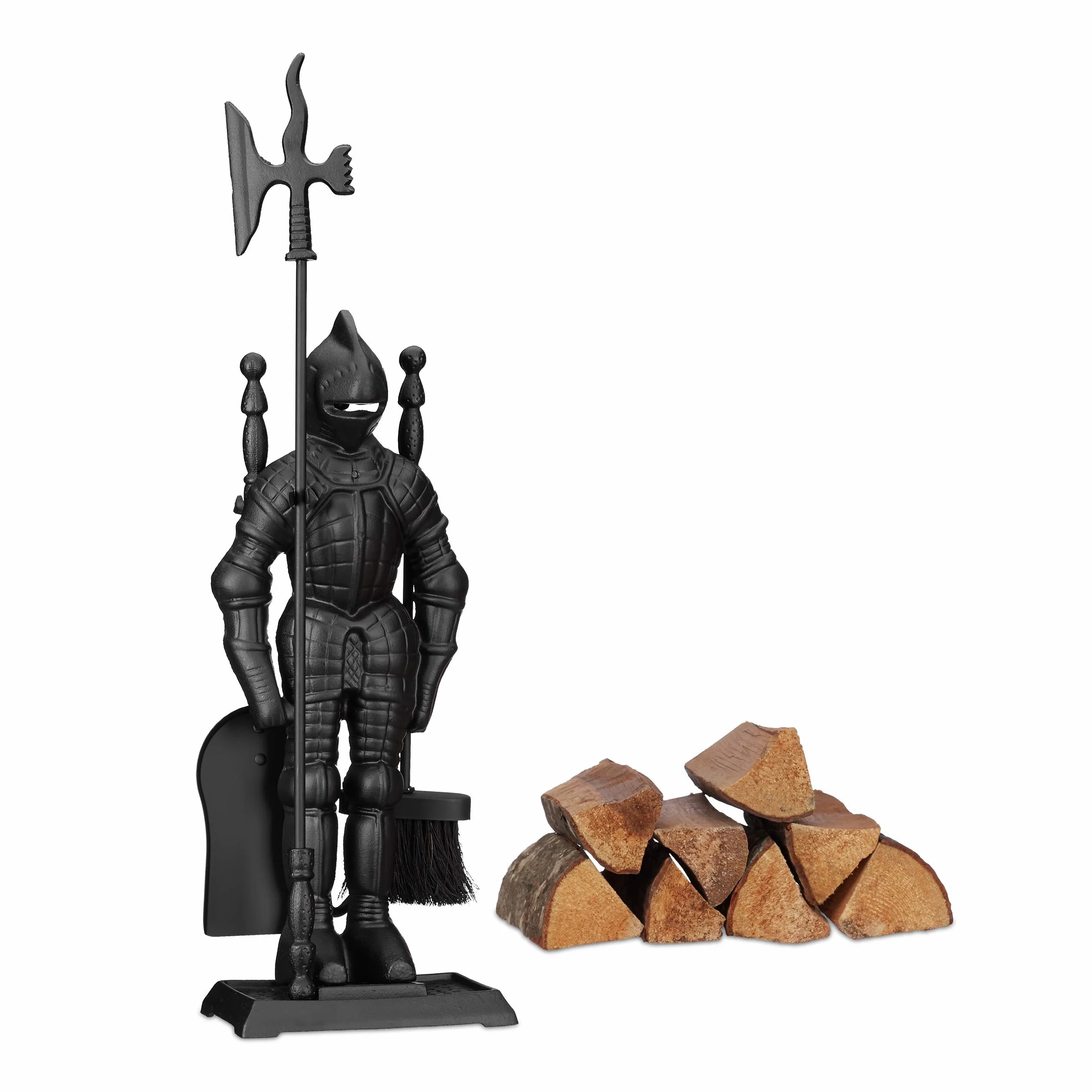 Relaxdays Kit de Accesorios de Chimenea, Pala, Escoba & Atizador, Soporte de Hierro Fundido, Negro