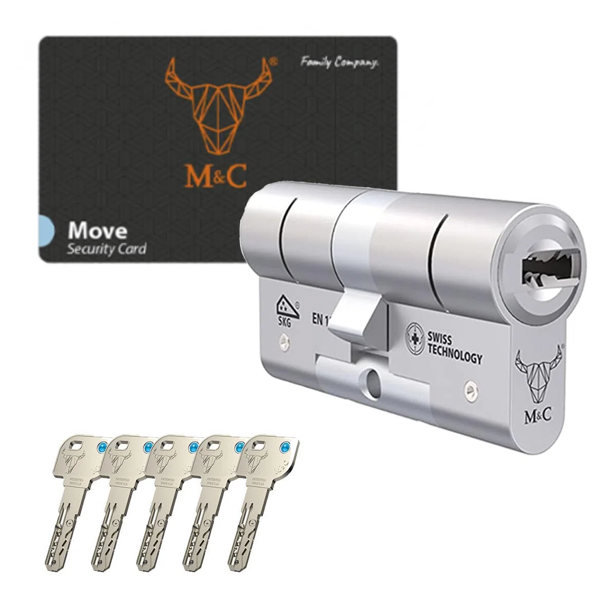 M&C Move Bombín Cerradura Alta Seguridad Anti Topolino Leva Larga Doble Embrague Seguridad Máxima SKG 3 Estrellas 32x32mm Anti Bumping Anti Taladro Níquel Pulido 5 Llaves Incluidas