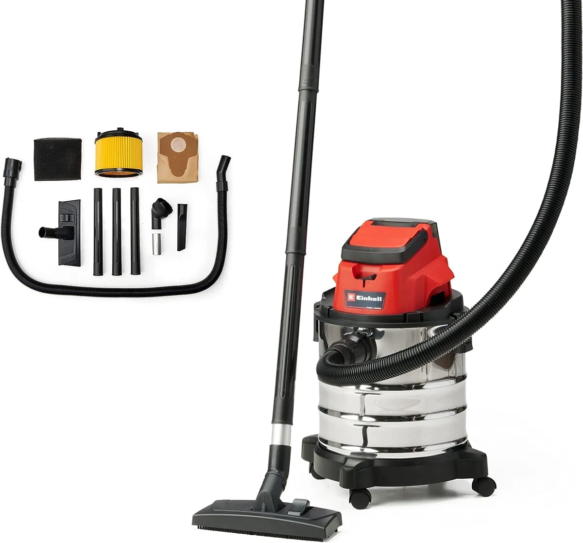 Einhell Aspirador seco-húmedo (Iones de Litio, 86 Db Potencia Sonora, 8 kPa, 20 L, Recipiente de Acero ino x idable, 1,5 m de Manguera de aspiración, sin batería)
