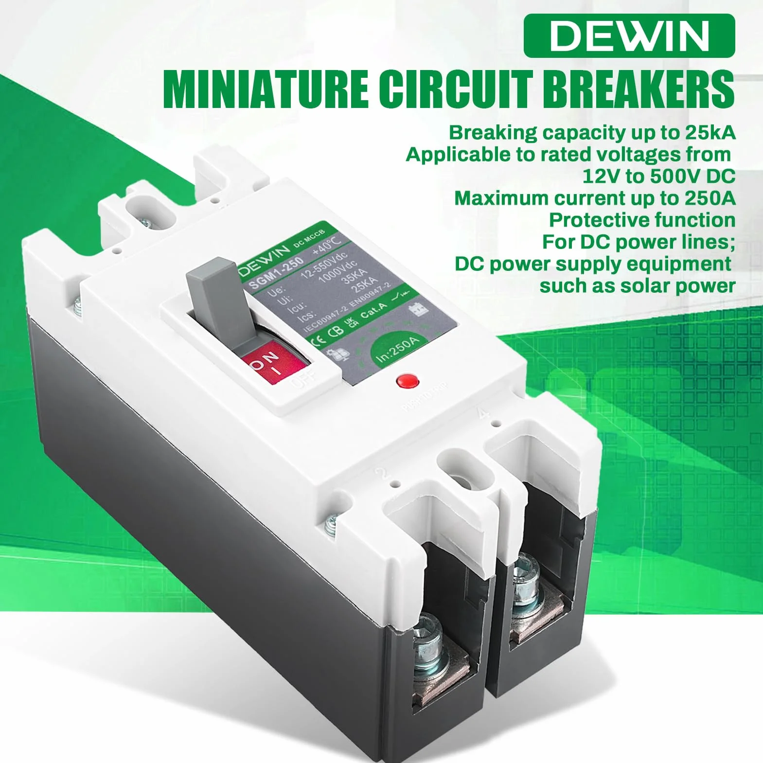 DEWIN Disyuntor de CC de 250 A, MCCB Disyuntor de Batería Solar, Interruptor Principal de Batería Solar 2P DC 500 V Interruptor de Desconexión de Batería para sistemas de líneas eléctricas de CC