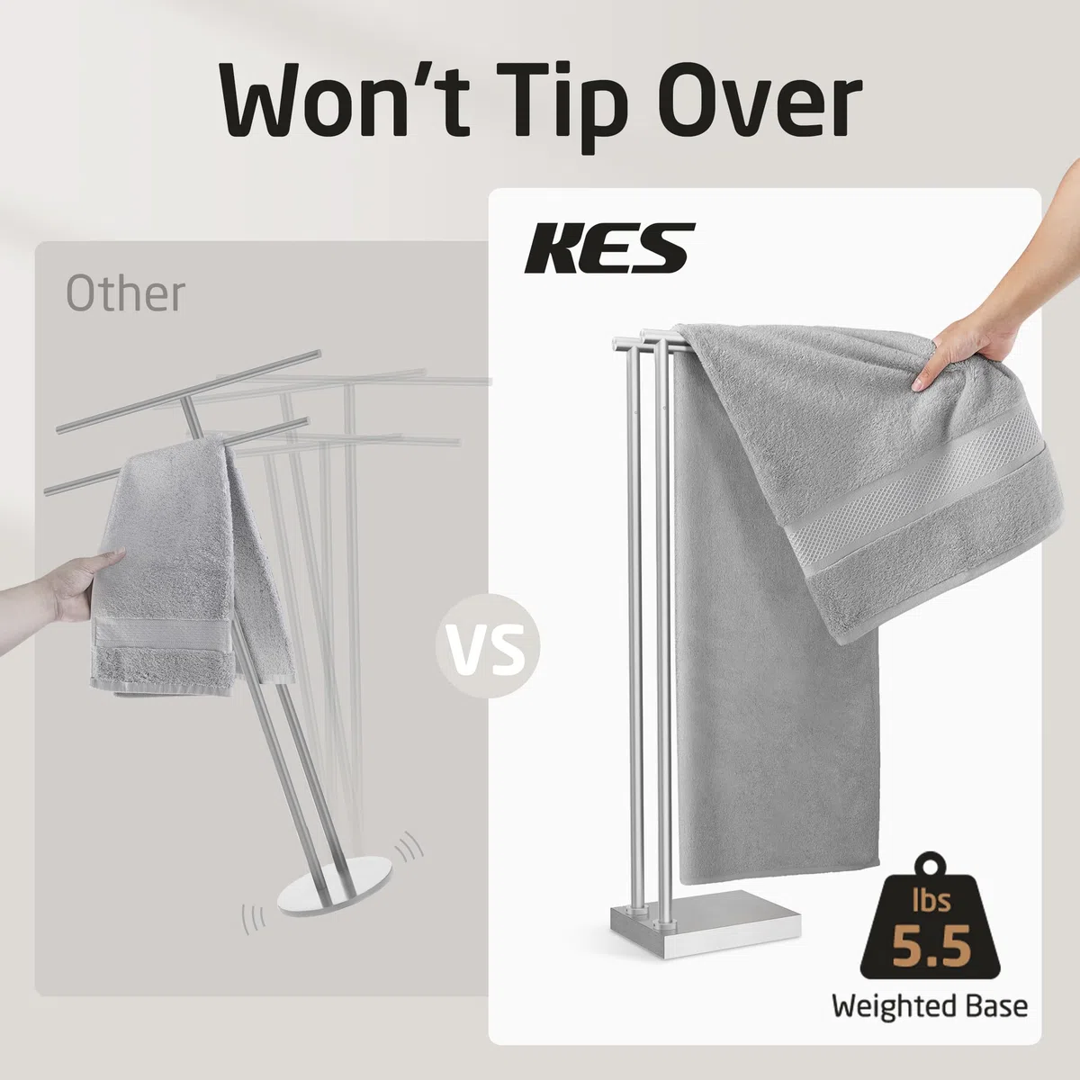 KES Toalleros de pie para baño con base 3 veces más gruesa, soporte para toallas de 2 niveles para suelo de baño, diseño estable mejorado, acabado cepillado de acero inoxidable 18/8 de grado