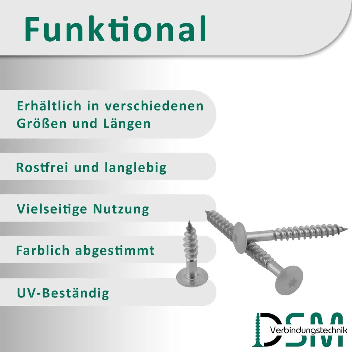 DSM Tornillos de fachada Trespo 4,8 x 38 mm, gris polvo RAL 7037, acero inoxidable A2, cabeza redonda plana con accionamiento TX, autorroscantes y resistentes a la corrosión, tornillos para madera