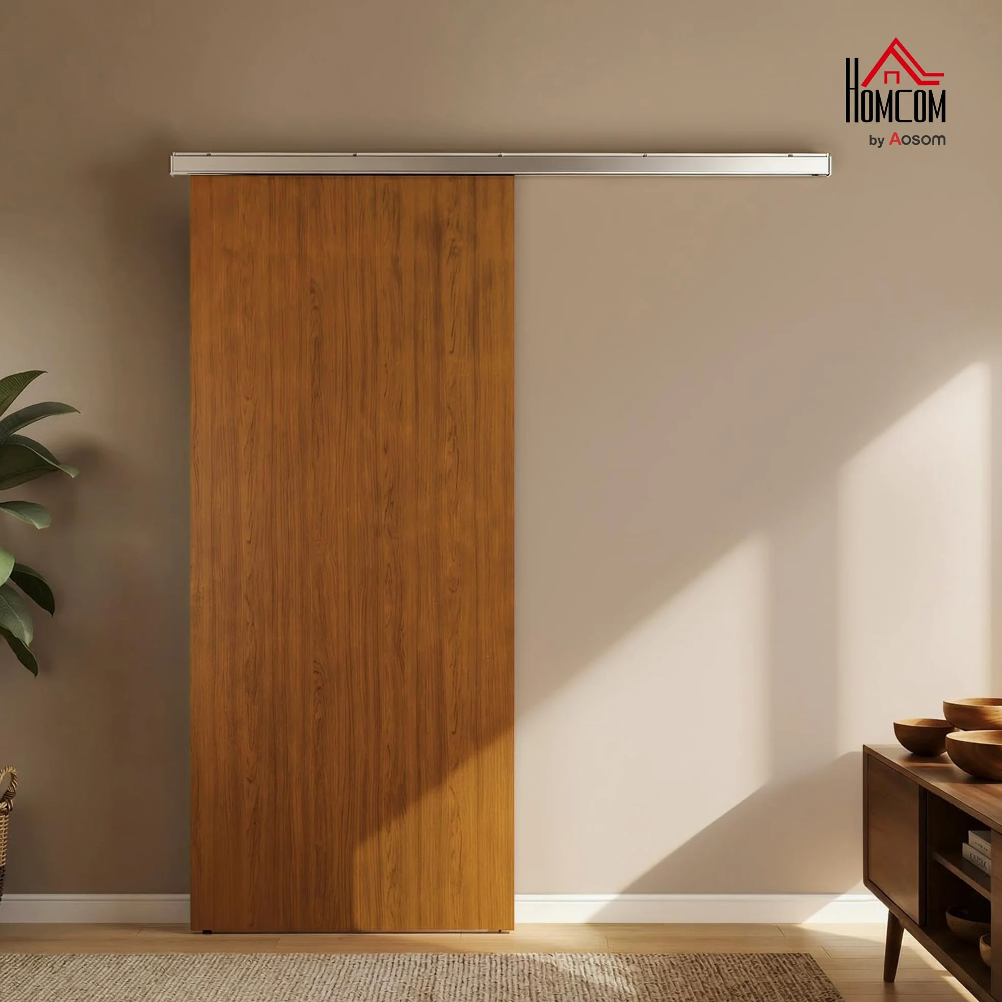 HOMCOM Puerta Corredera con Herrajes 90x210 cm, Puerta Corredera Interior con Rodillo, Riel de Aluminio, Guía de Suelo, para Baño, Salón, Sala de Estar, Marrón