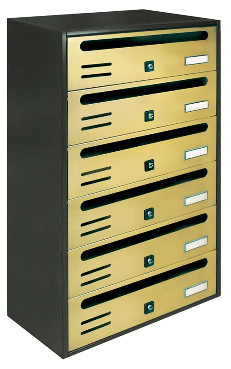 ALUBOX Cubo Buzones Comunitarios 6 Compartimentos 63x38,5x25 cm de Chapa Galvanizada Buzón Comunitario Horizontal para Exterior e Interior Protegido (Antracita Y Oro)