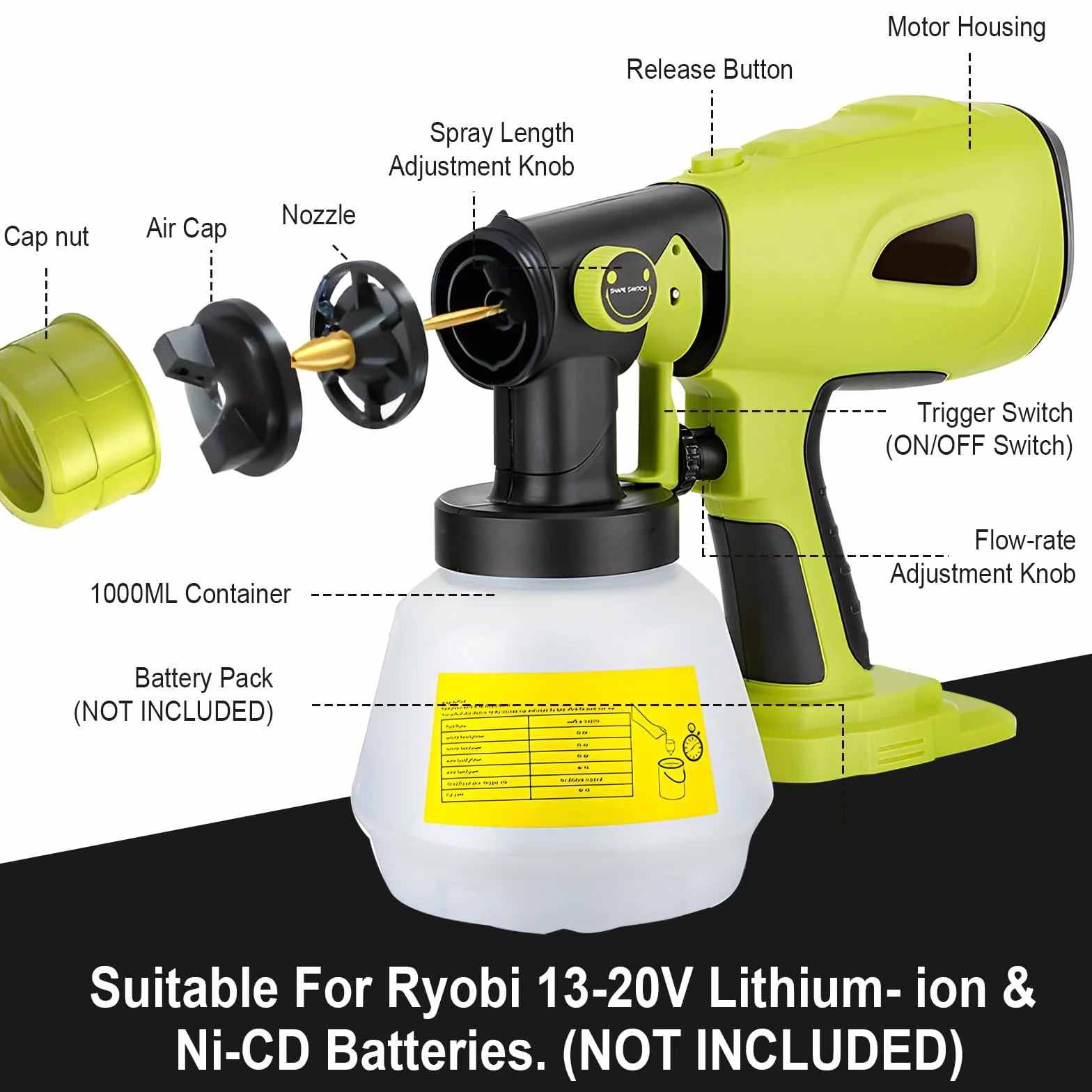 Sistema de pulverización recargable compatible con batería Ryobi de 18 V, pistola de pulverización de pintura eléctrica, pistola de pintura portátil con 4 boquillas, 3 patrones, contenedor de pintura