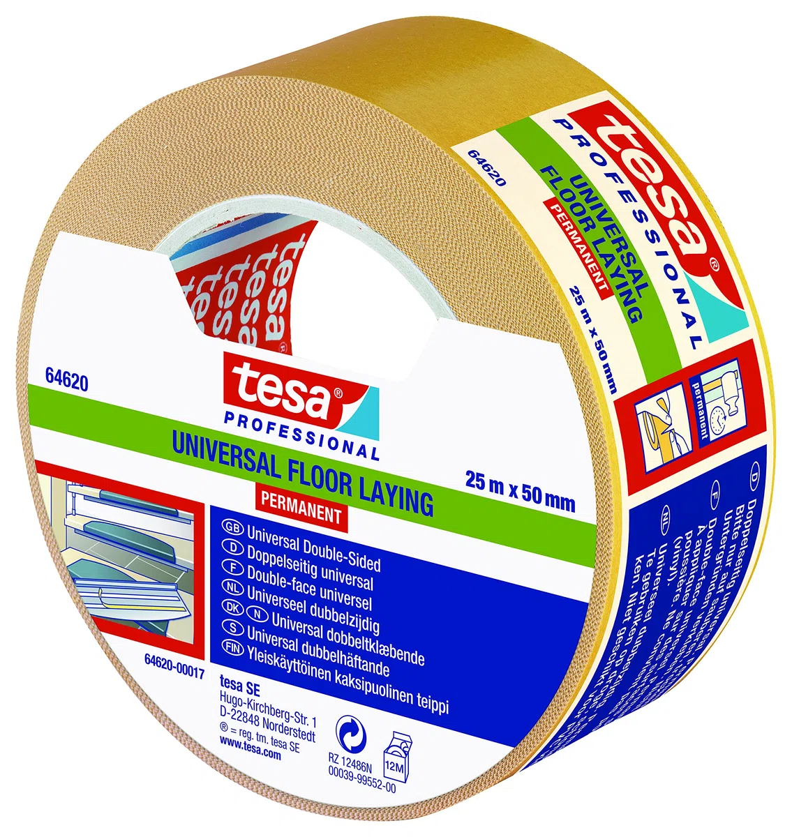 tesa fix 64620 - Cinta de colocación universal para alfombras, de soporte de polipropileno blanco, doble cara, para alfombras, con parte trasera lisa o fibrosa, 25 m x 5 cm, 6 unidades