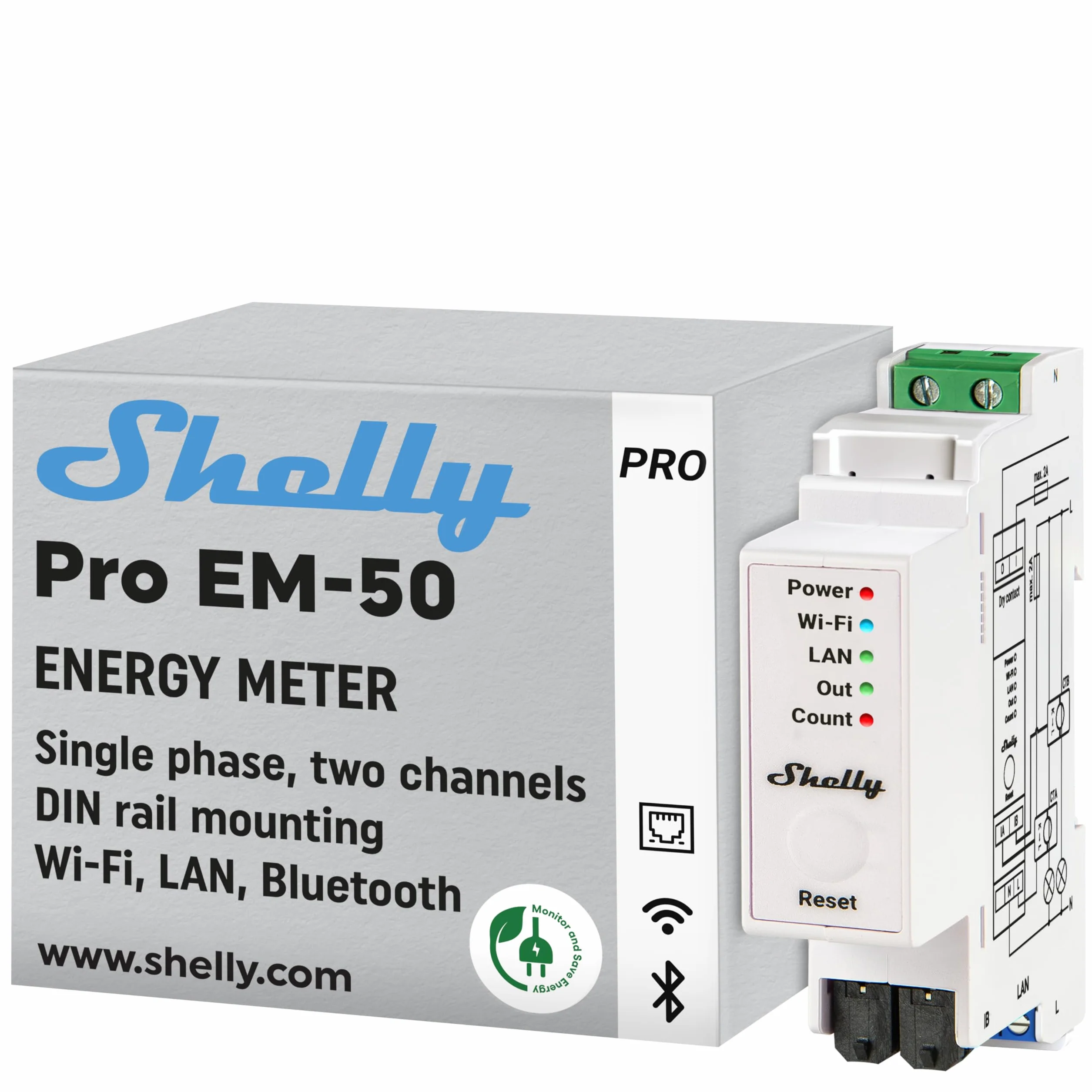 Shelly Pro EM 50A – Medidor Eléctrico Monofásico en riel DIN, 2 Canales, LAN y Wi-Fi, con Pinzas Amperimétricas, Interruptor Integrado, Monitoreo energía solar, App iOS, Android