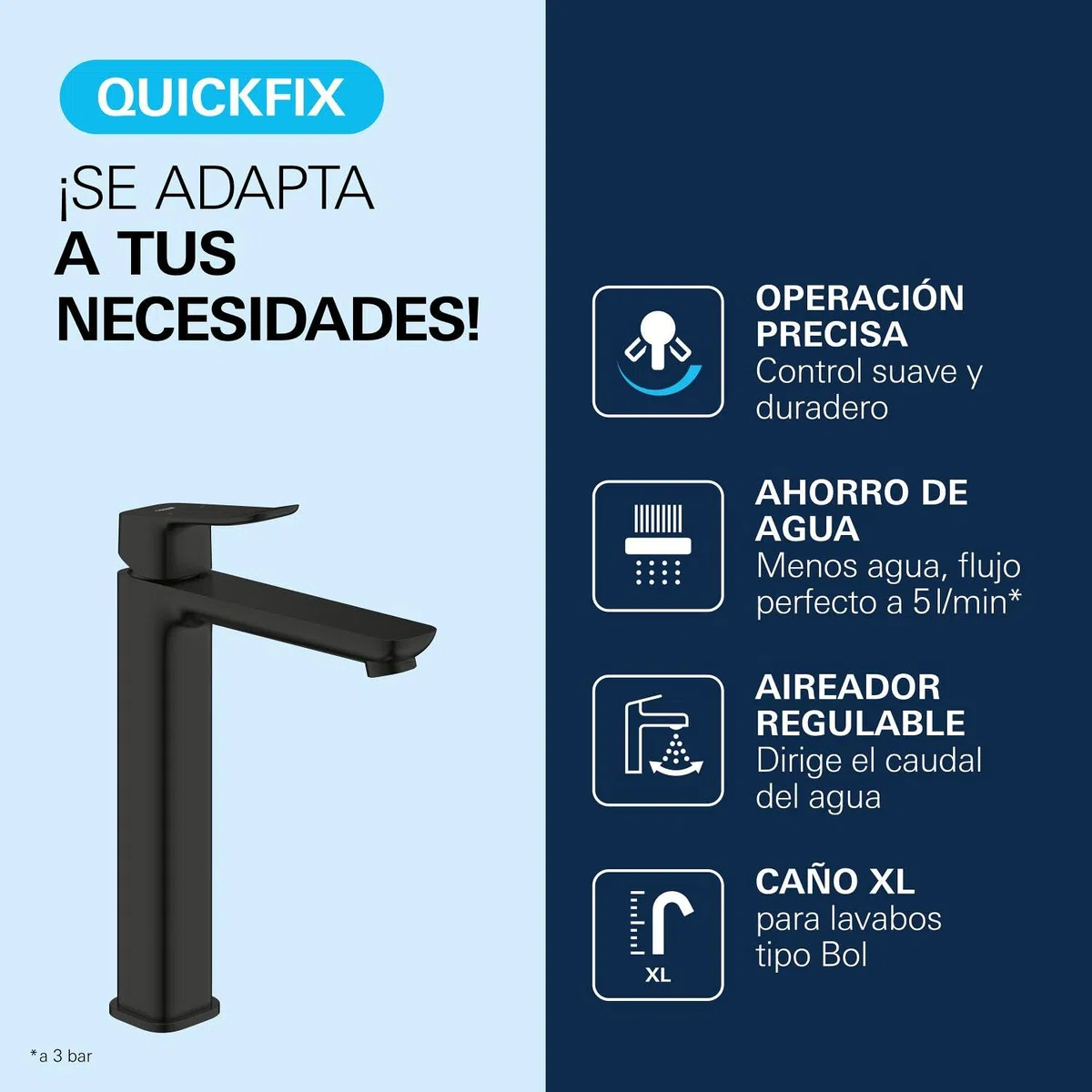 GROHE Dice Grifo de Lavabo XL Cuerpo Liso para Lavabos Exentos (Cartucho Cerámico 28 mm, Ahorro de Agua, Conexiones 3/8", Fácil de Instalar QuickTool Incluido), Negro Mate, 1018922430