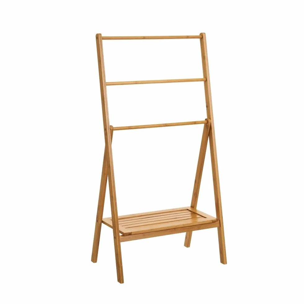 LOLAhome Toallero de pie Triple de bambú Natural 100x53x30 cm Estante 46,5x23 cm