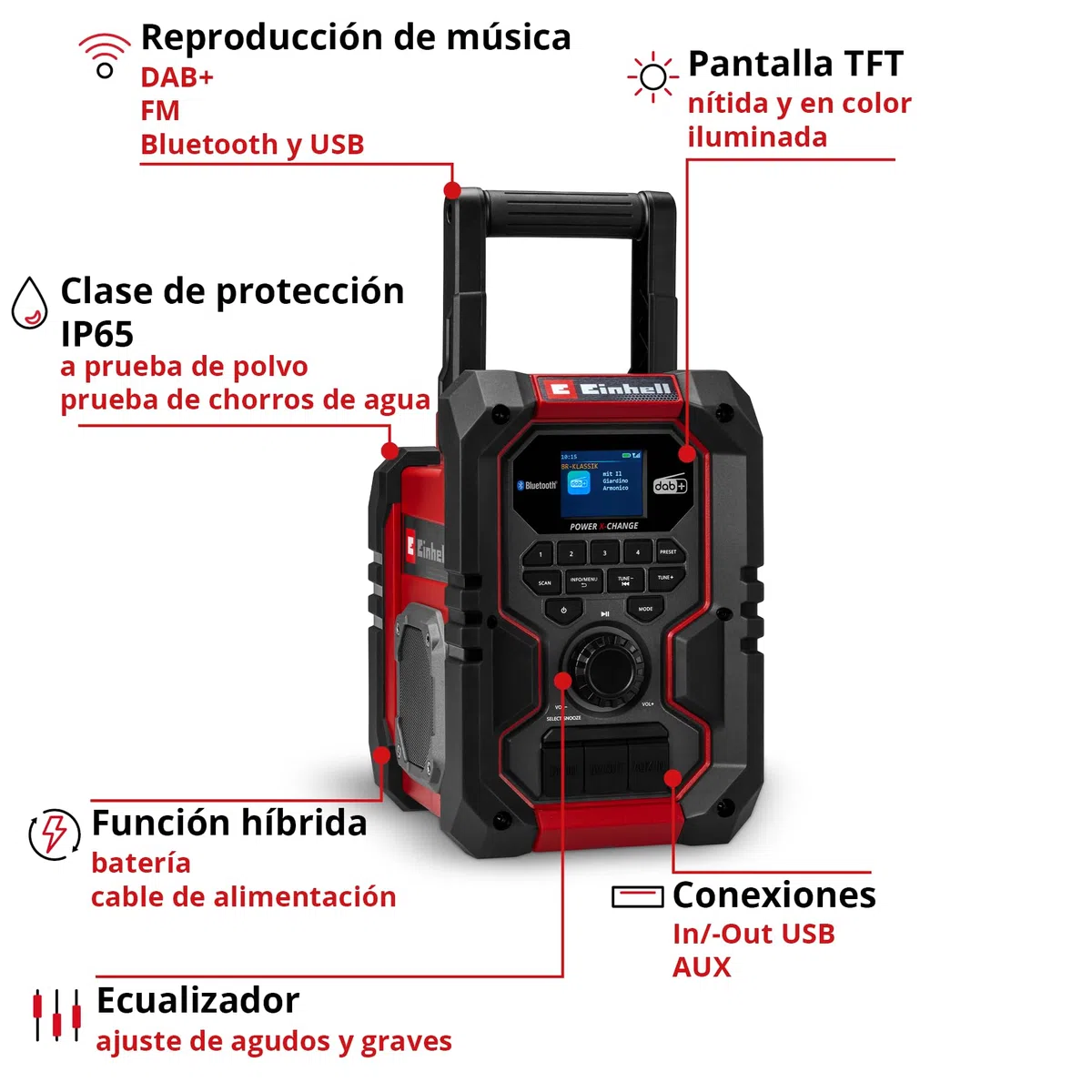 Einhell Radio de obra con batería TE-CR 18 Li DAB+/FM/BT - Solo Power X-Change (18 V, DAB+, FM, Bluetooth, AUX, USB, búsqueda automática de emisoras, pantalla TFT a color, IP65, sin batería)