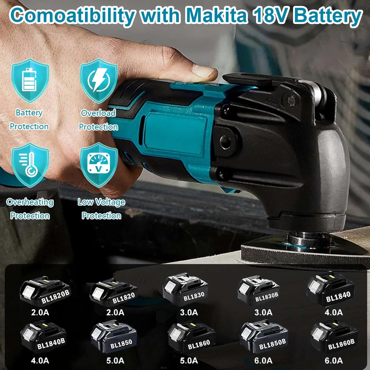 Multiherramienta Oscilante, Herramienta Multifunción a Batería con 6 Velocidades Variables, 8500-22000RPM, Herramienta Oscilantes con 2 Batería de 3000 mAh para Cortar, Lijar, Raspar, Serrar