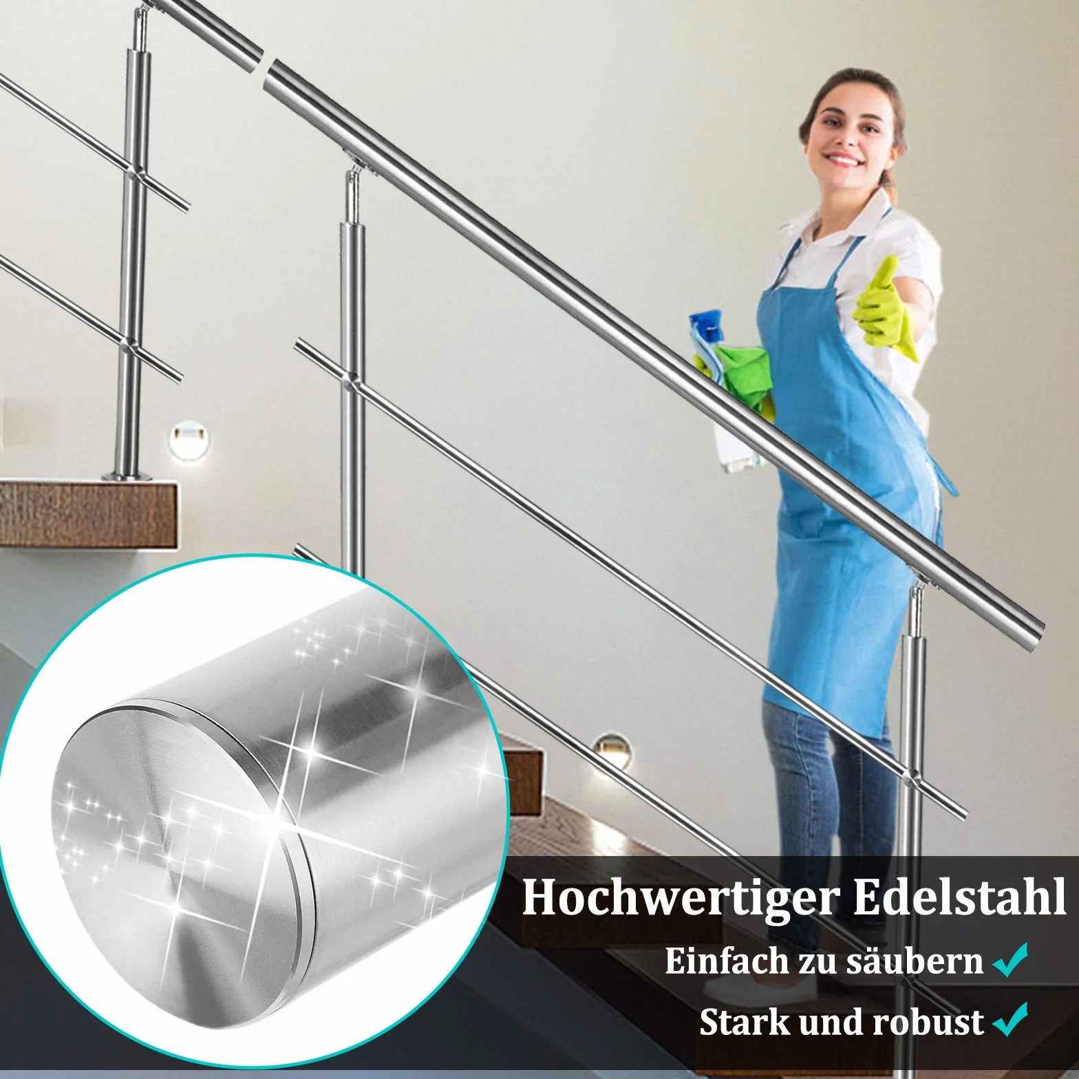 UISEBRT Barandilla para escaleras de acero inoxidable 160 cm, con 2 Travesaños Pasamanos para escaleras balcón