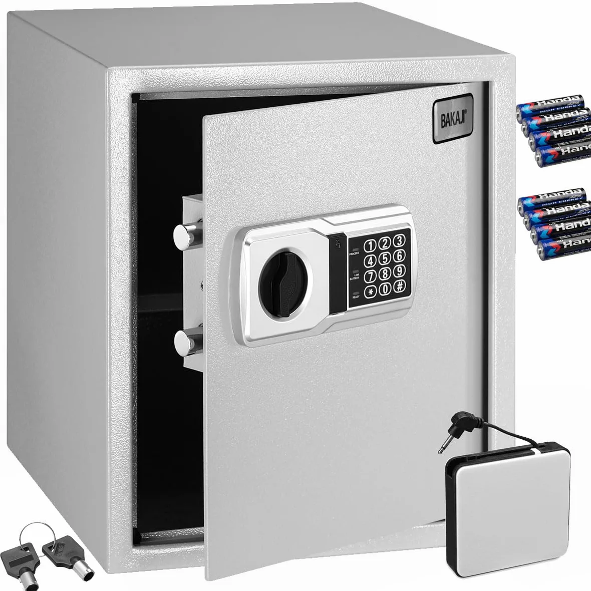 BAKAJI Caja fuerte electrónica de seguridad con caja de batería externa, caja de valores y documentos antirrobo para casa, hotel, armario de pared o independiente, 40 x 35 x 40 cm (gris)